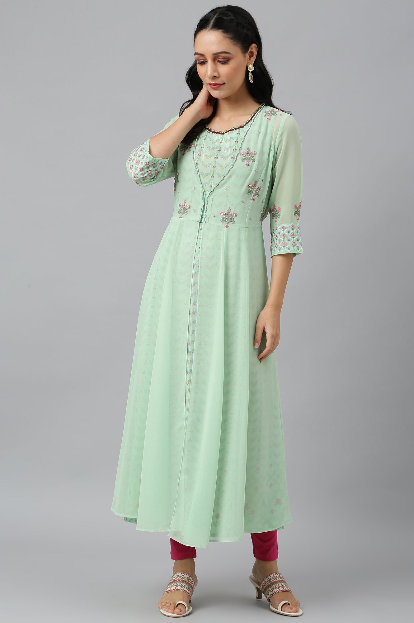 Mint Green Jacket With Kurta And Tights