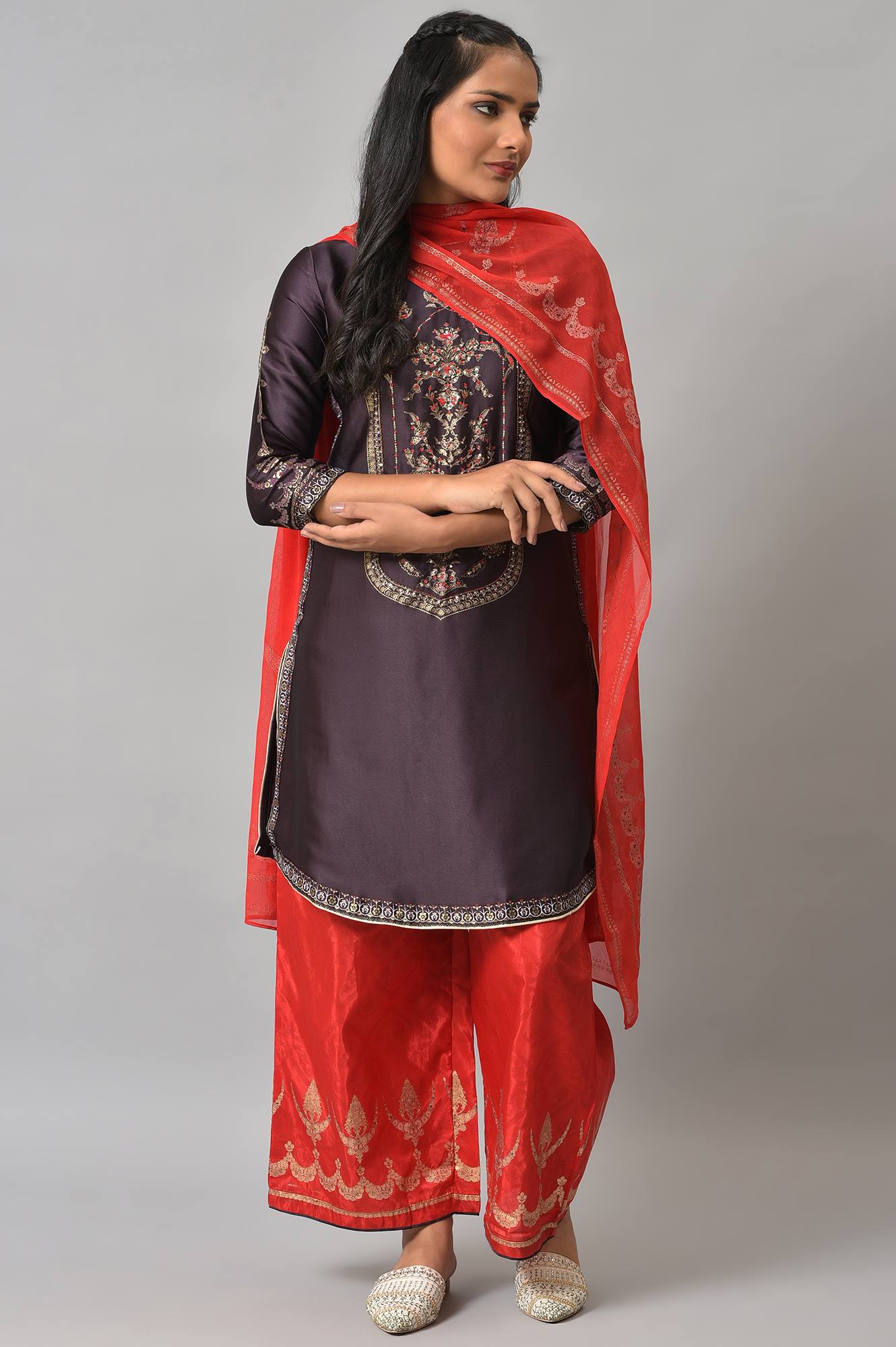 Purple Japanese Satin Short kurta With Red Parallel Pants And Dupatta