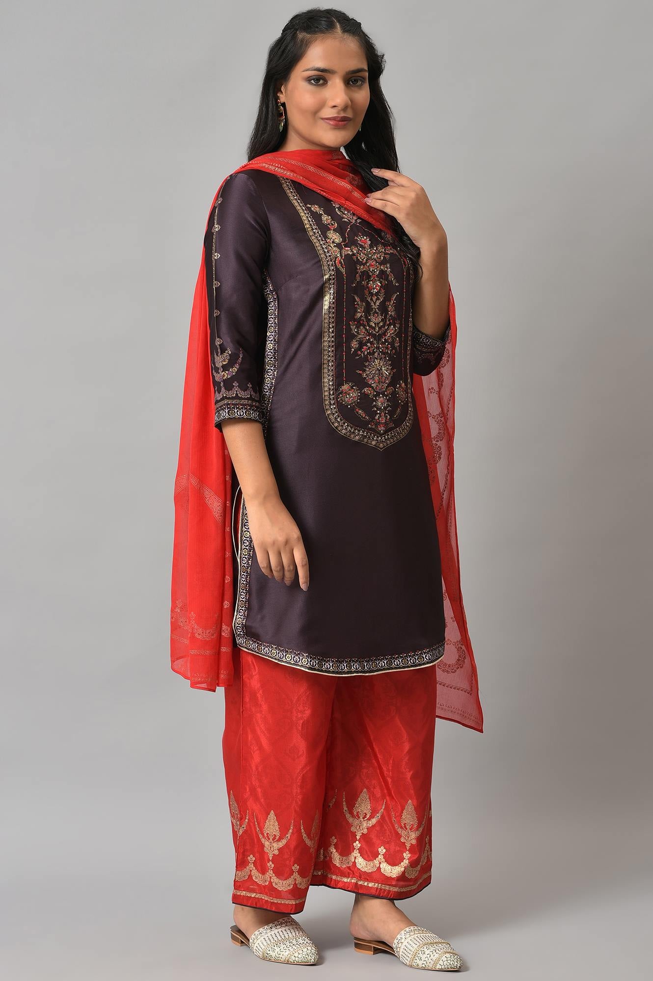 Purple Japanese Satin Short kurta With Red Parallel Pants And Dupatta