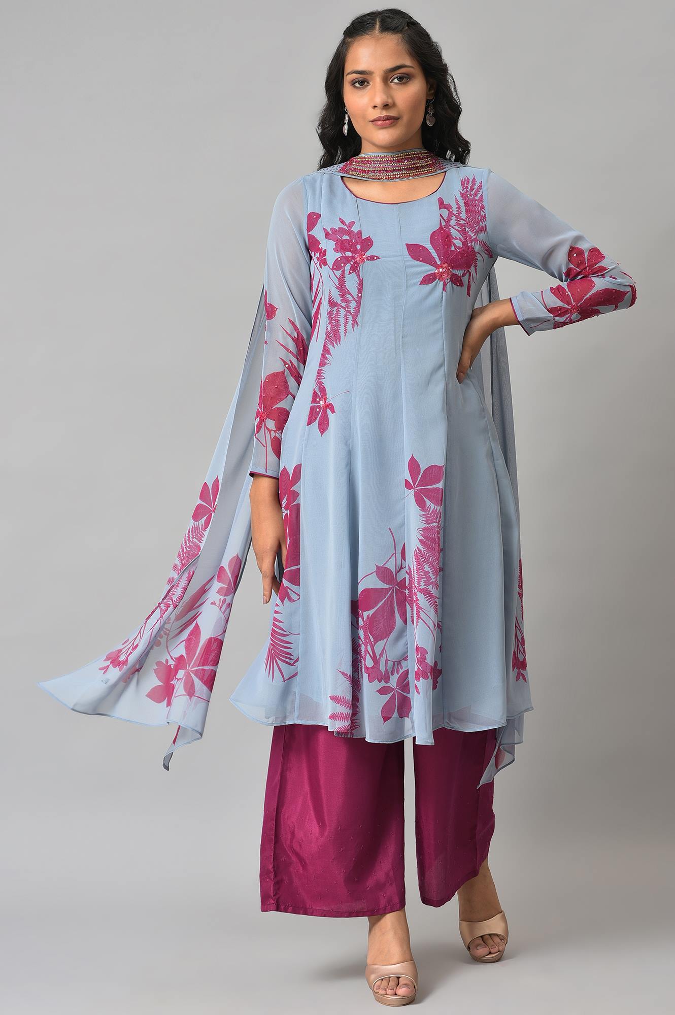 Light Blue Anarkali kurta With Pants And Predrape