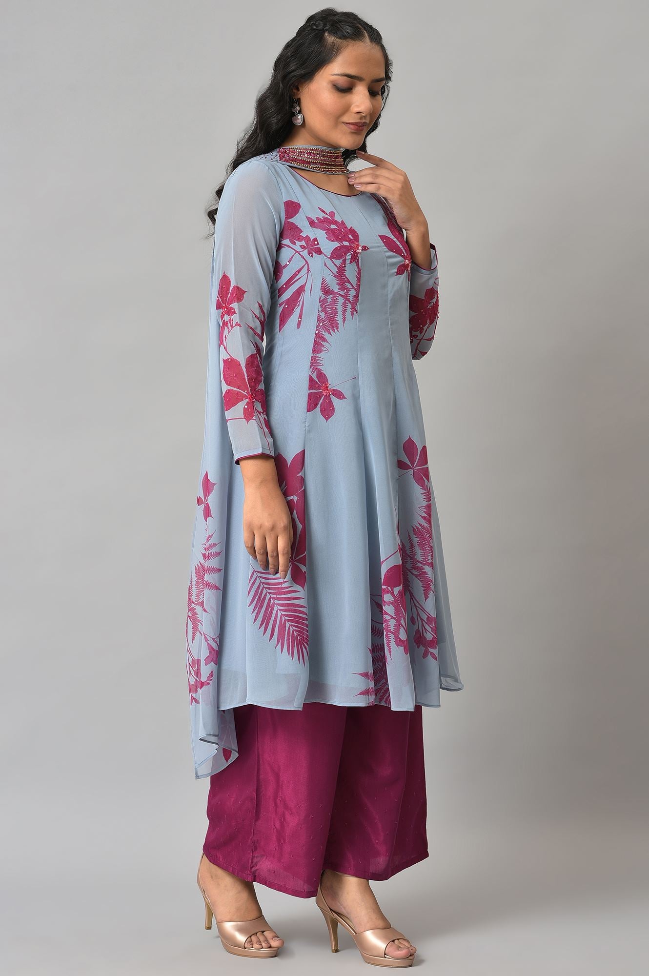 Light Blue Anarkali kurta With Pants And Predrape