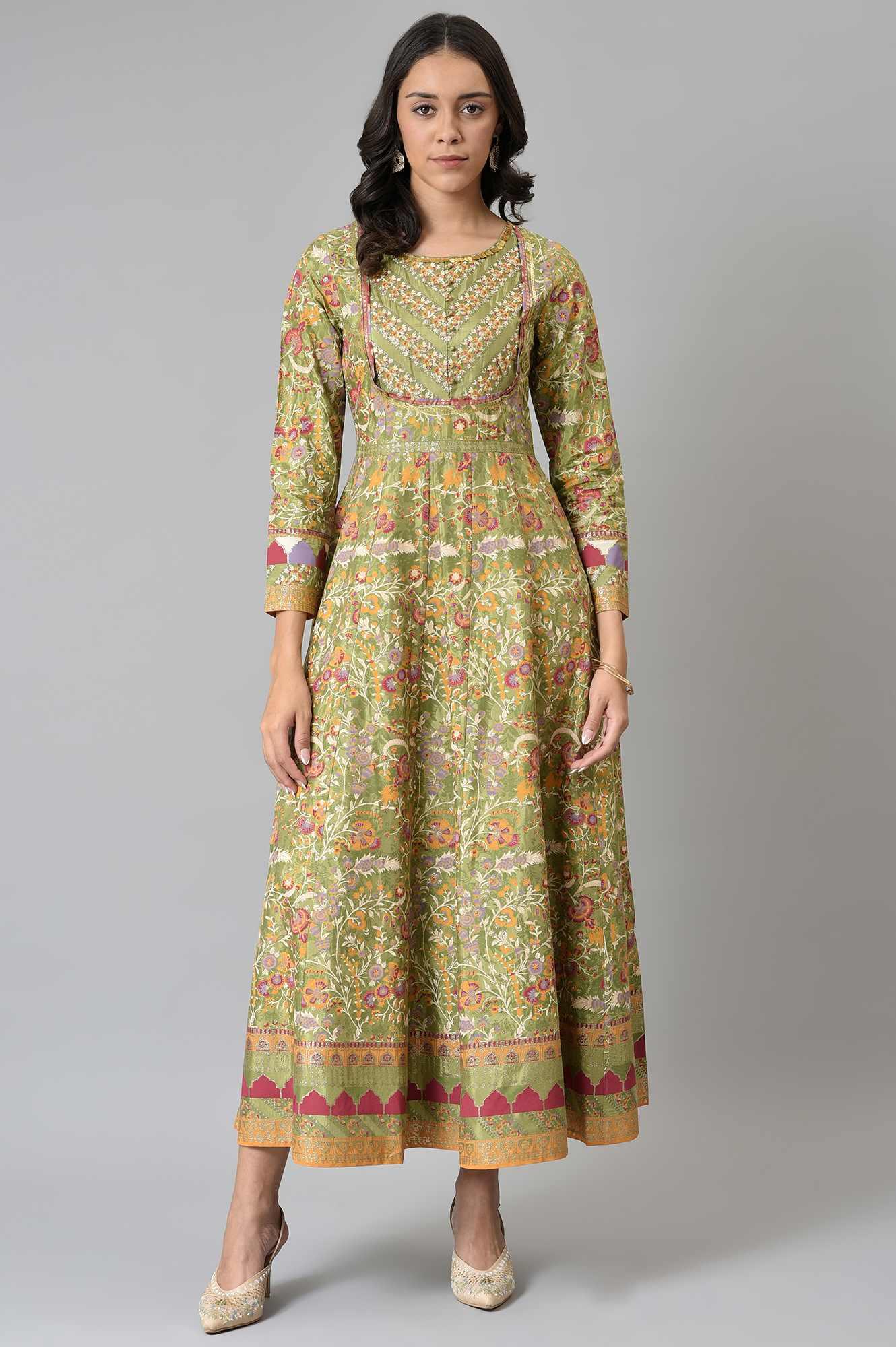 Olive Green Flared Anarkali Printed kurta - wforwoman