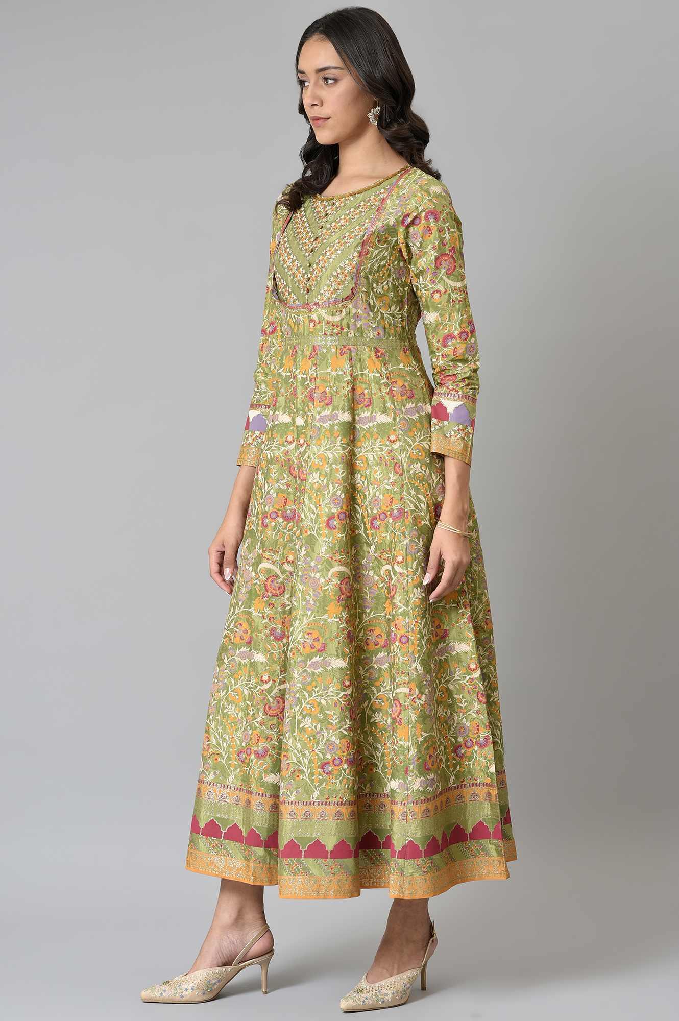 Olive Green Flared Anarkali Printed kurta - wforwoman