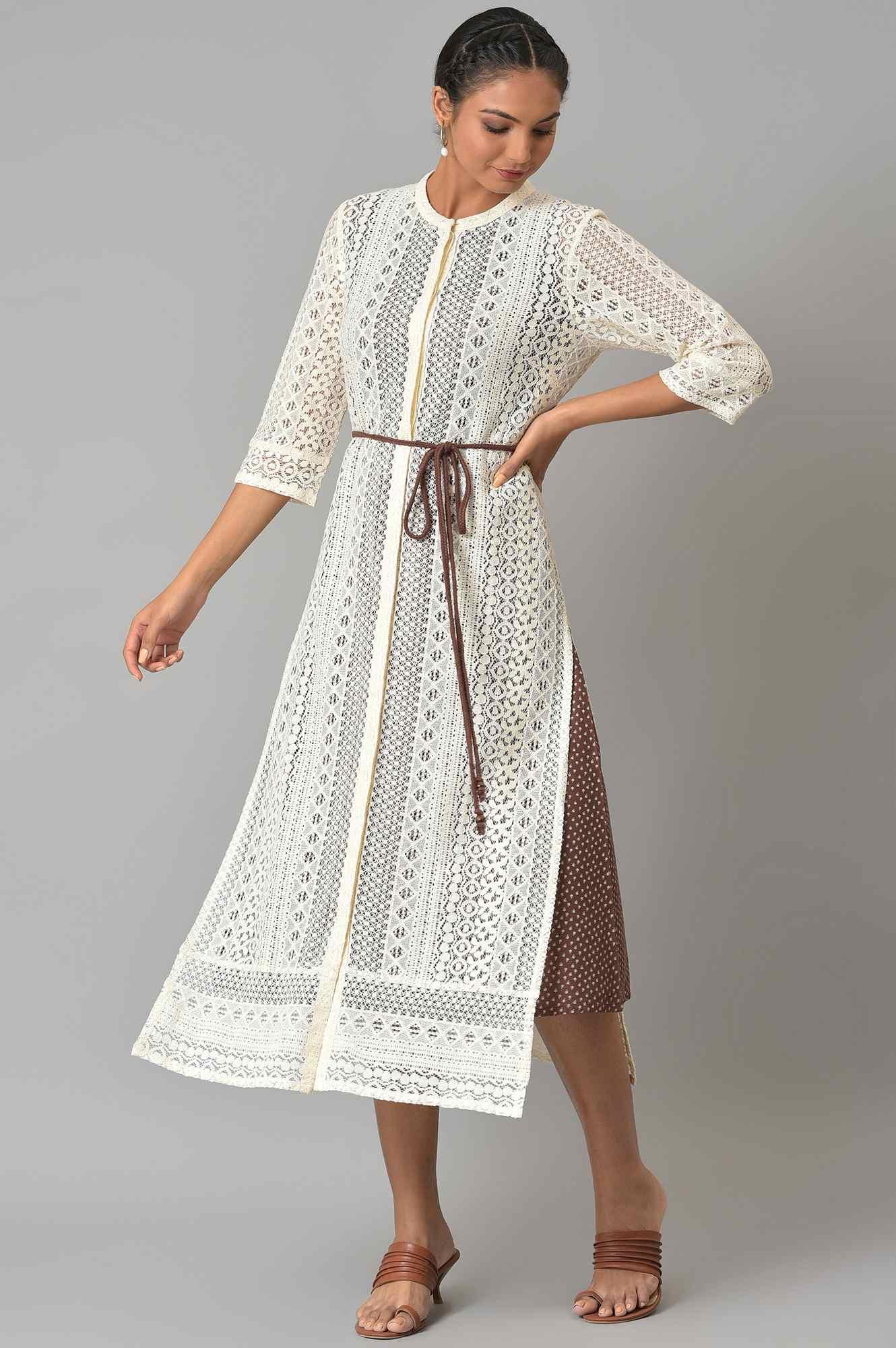 Ecru Crochet Jacket With A-Line Brown kurta - wforwoman