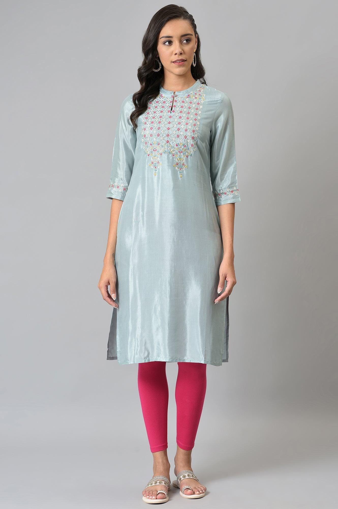 Light Blue Embroidered kurta In Mandarin Collar - wforwoman
