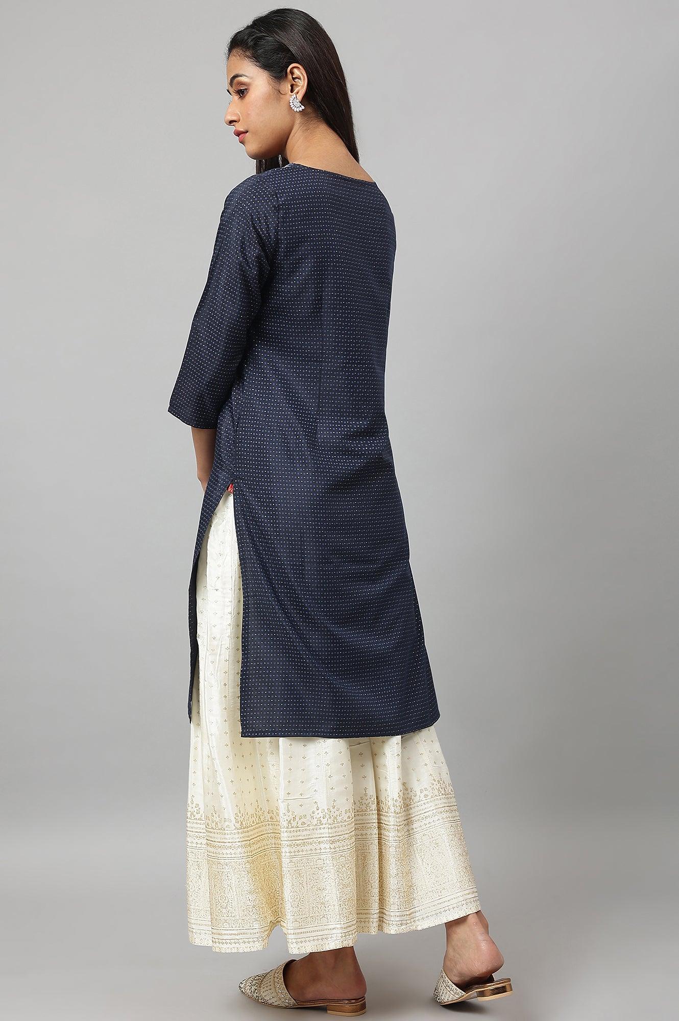 Navy Blue Festive kurta With Embroidered Neck - wforwoman