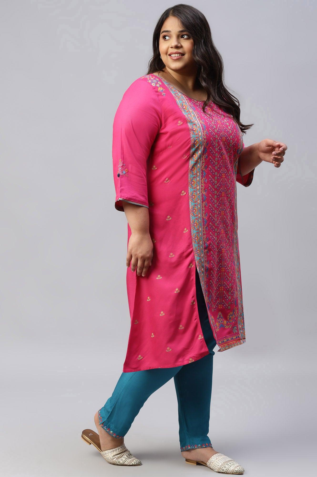 Pink Placement Printed Festive Plus Size kurta - wforwoman