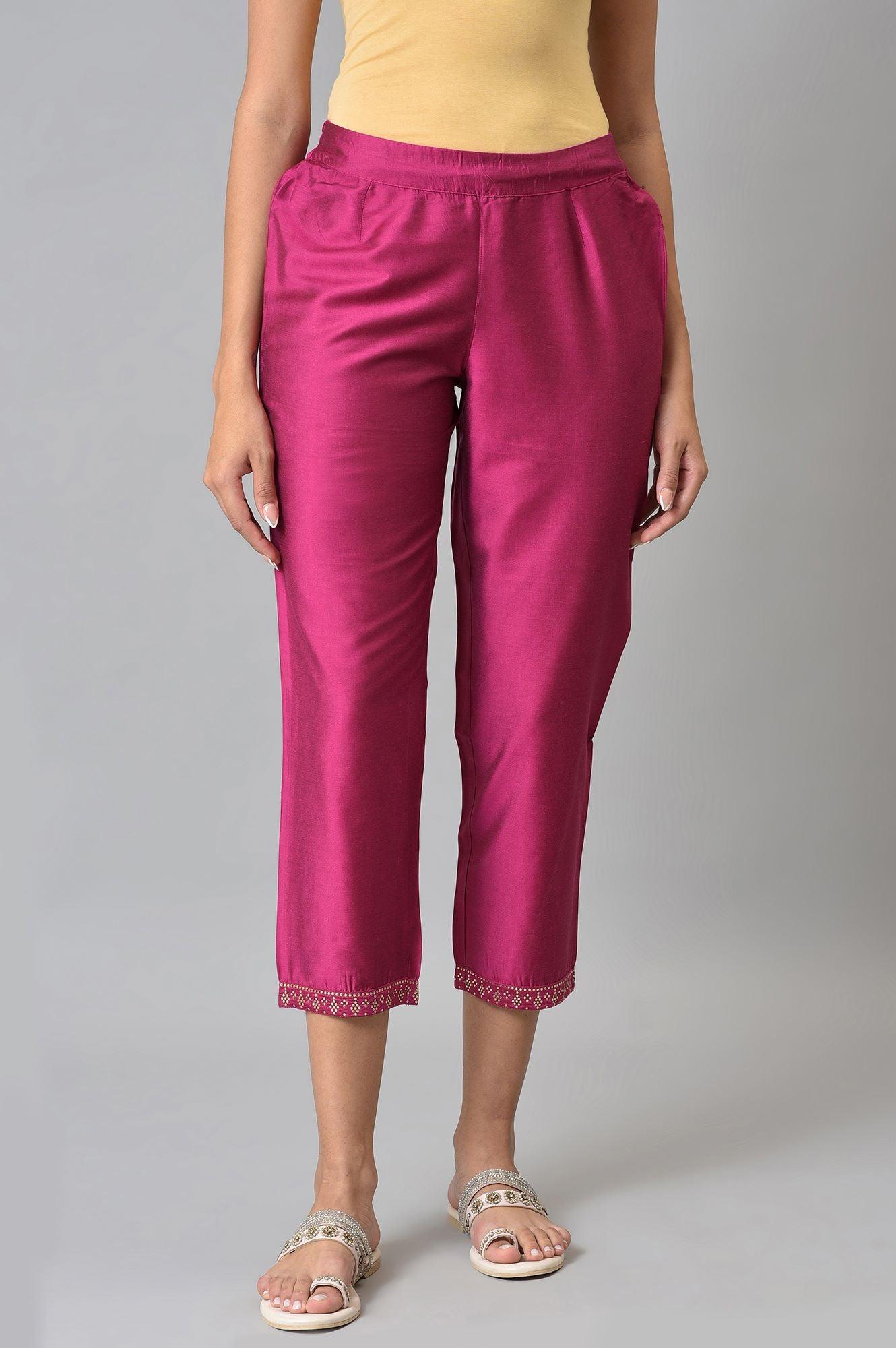 Dark Pink Women Pants With Printed Border - wforwoman
