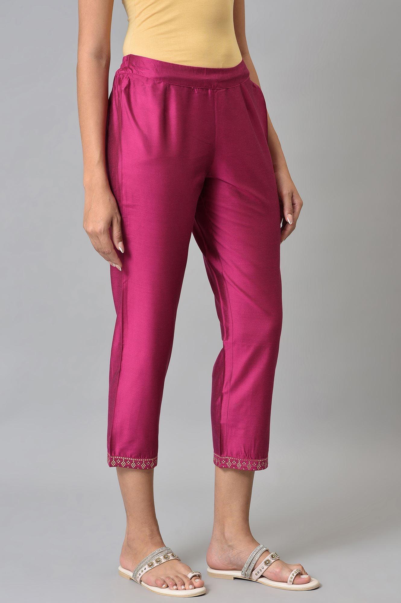 Dark Pink Women Pants With Printed Border - wforwoman
