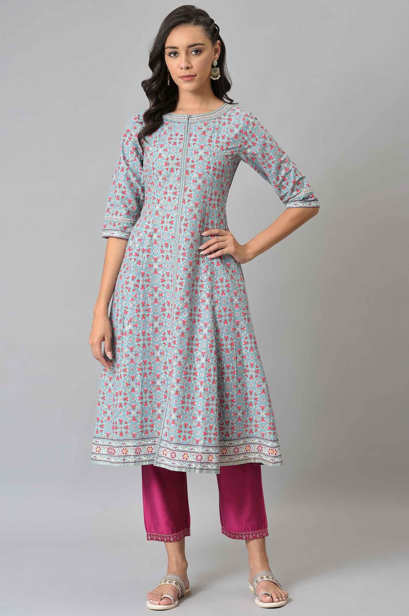 Dark Pink Women Pants With Printed Border - wforwoman