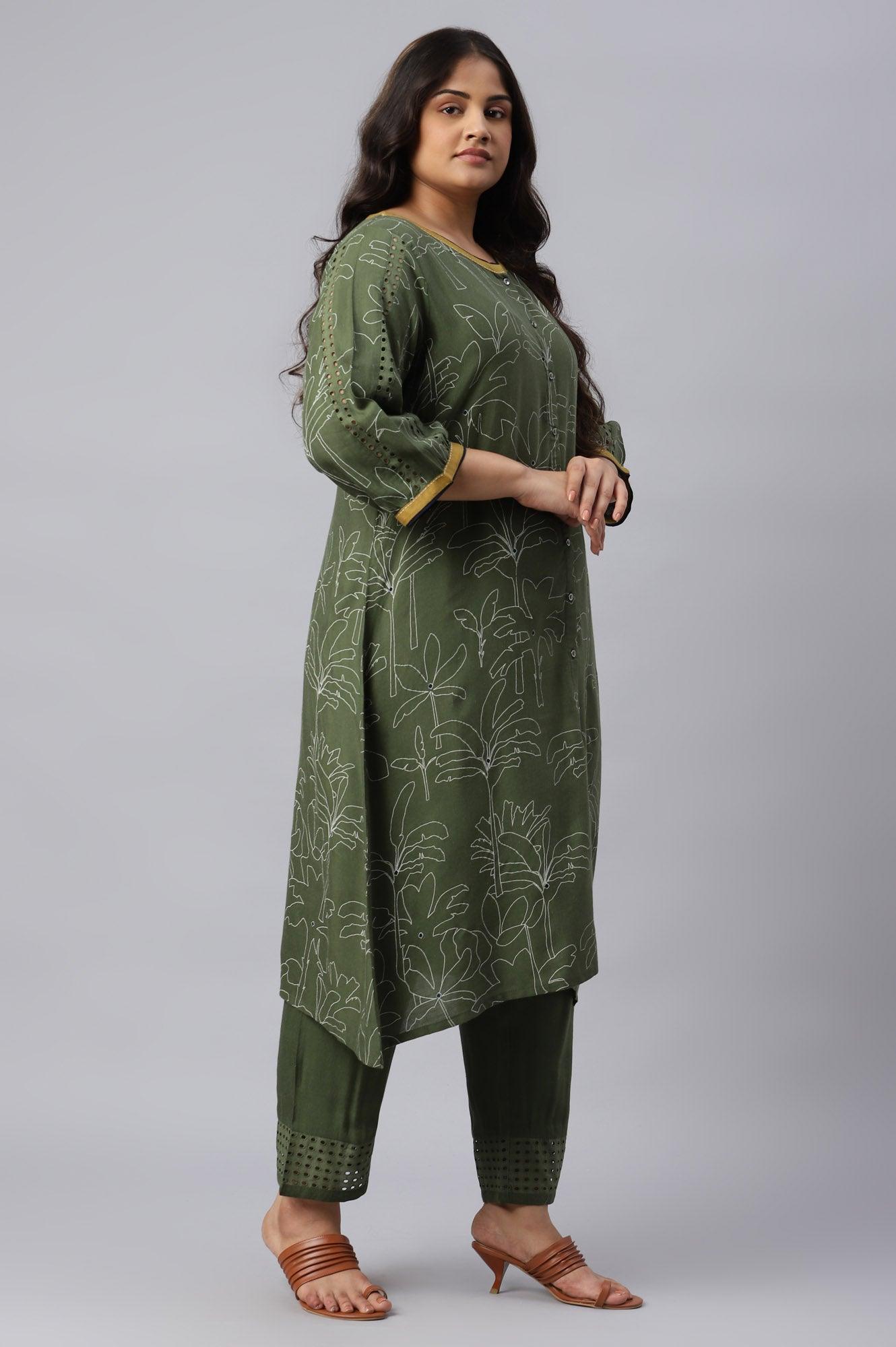 Dark Green Plus Size Landscape Print kurta With Pants - wforwoman
