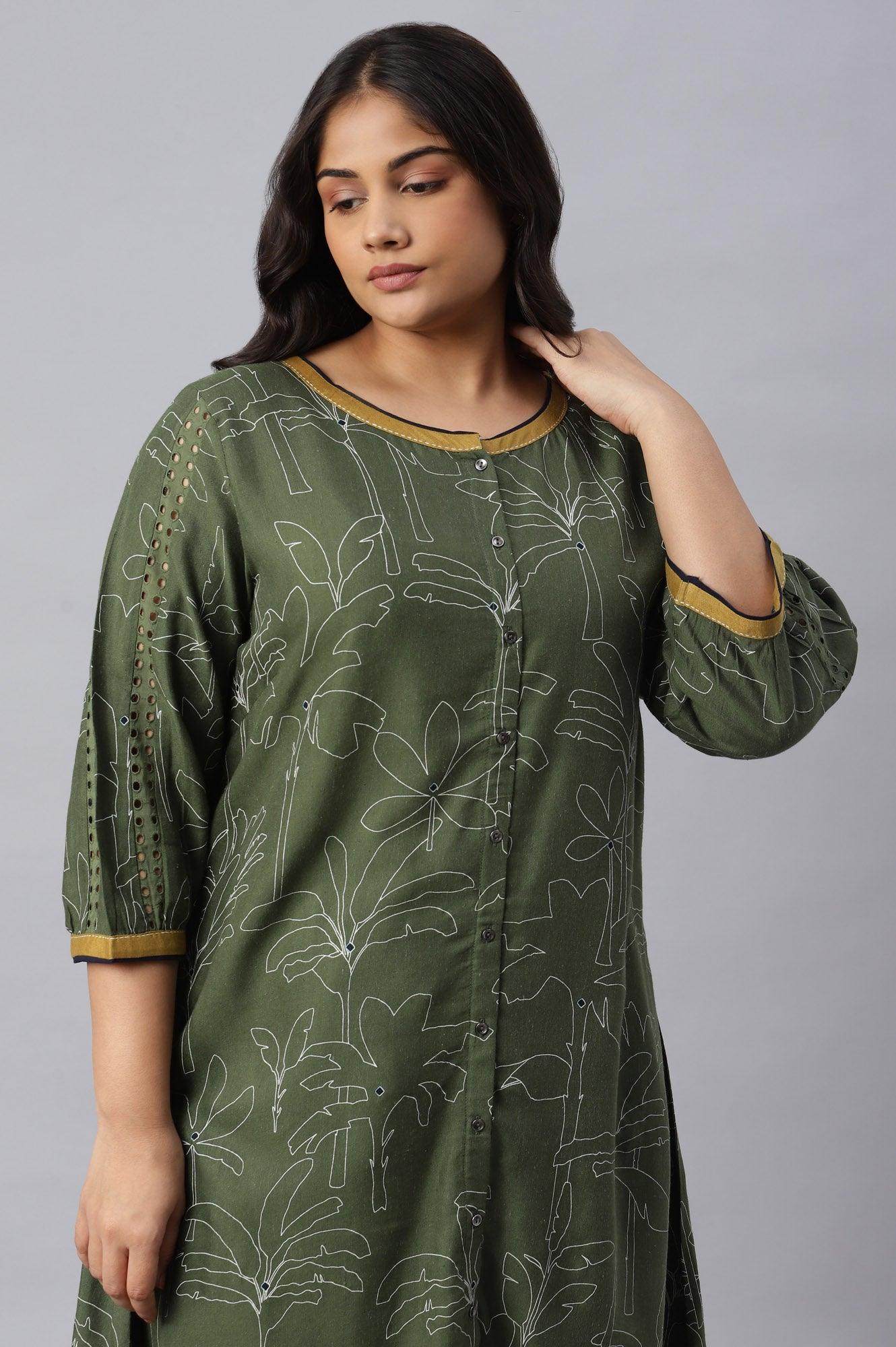 Dark Green Plus Size Landscape Print kurta With Pants - wforwoman