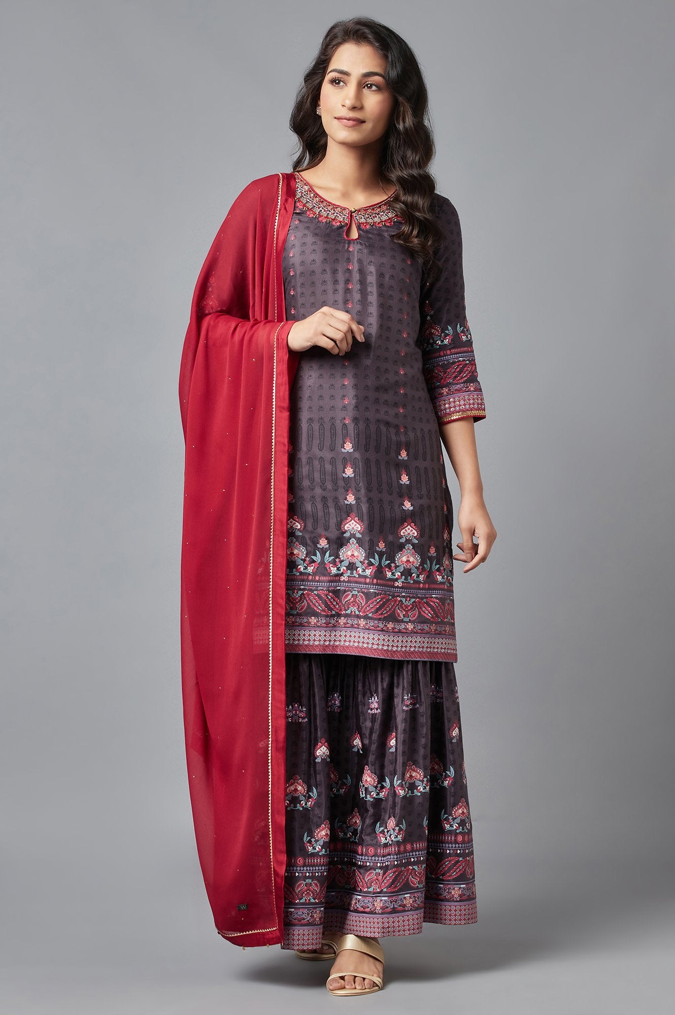 Dark Grey kurta, Sharara and Dupatta Set