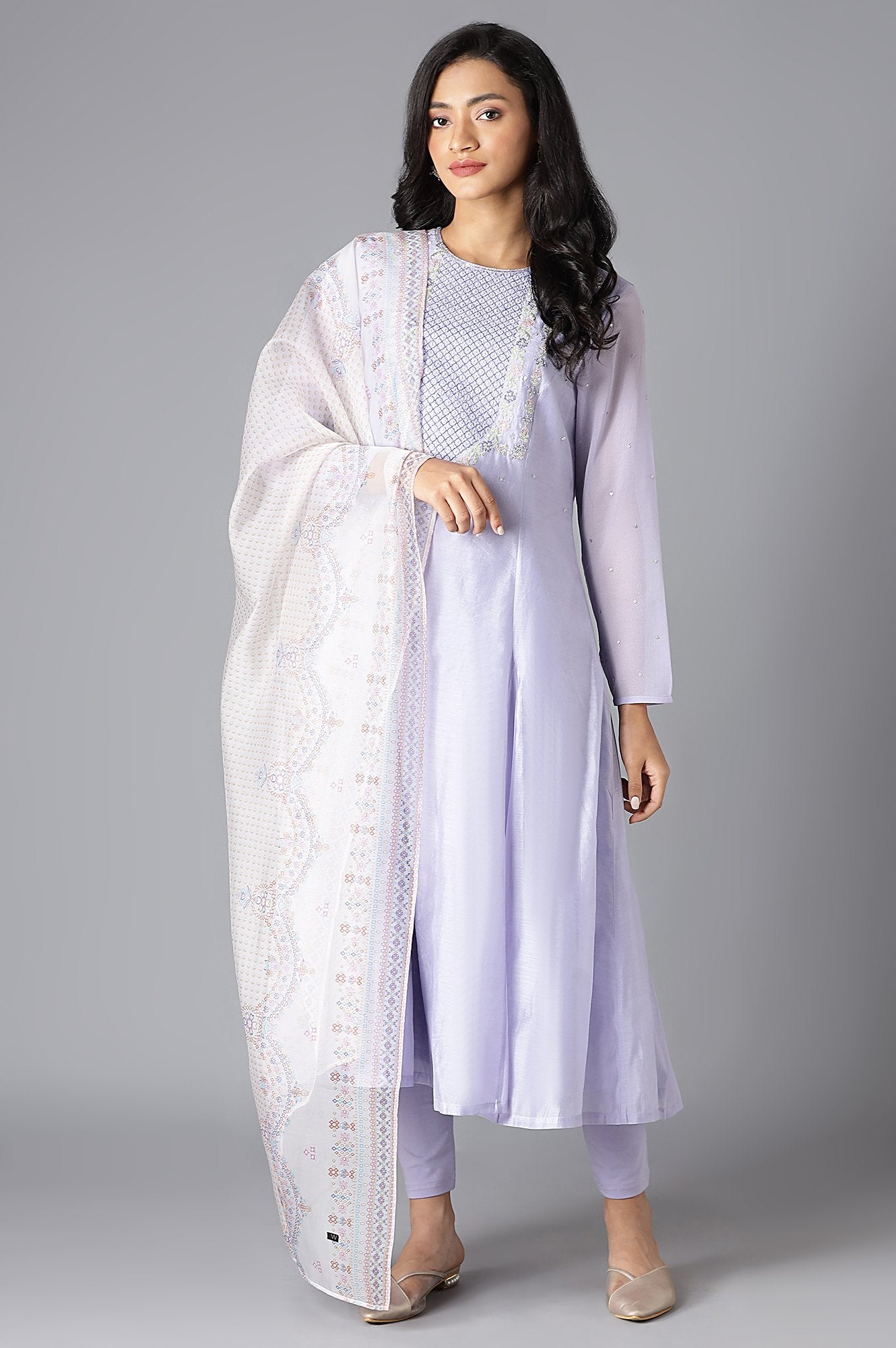 Purple A-Line kurta, Tights And Dupatta Set