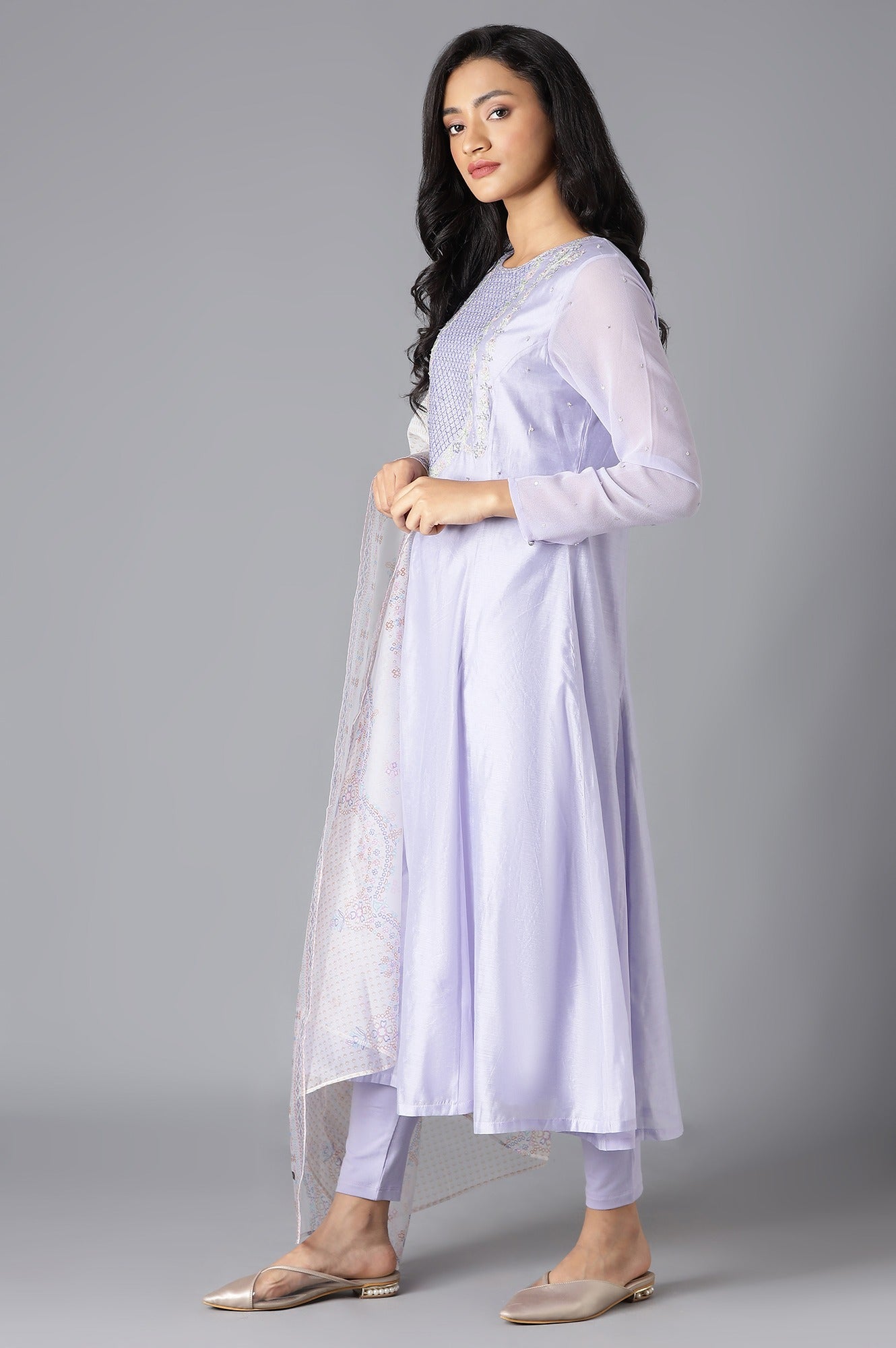 Purple A-Line kurta, Tights And Dupatta Set