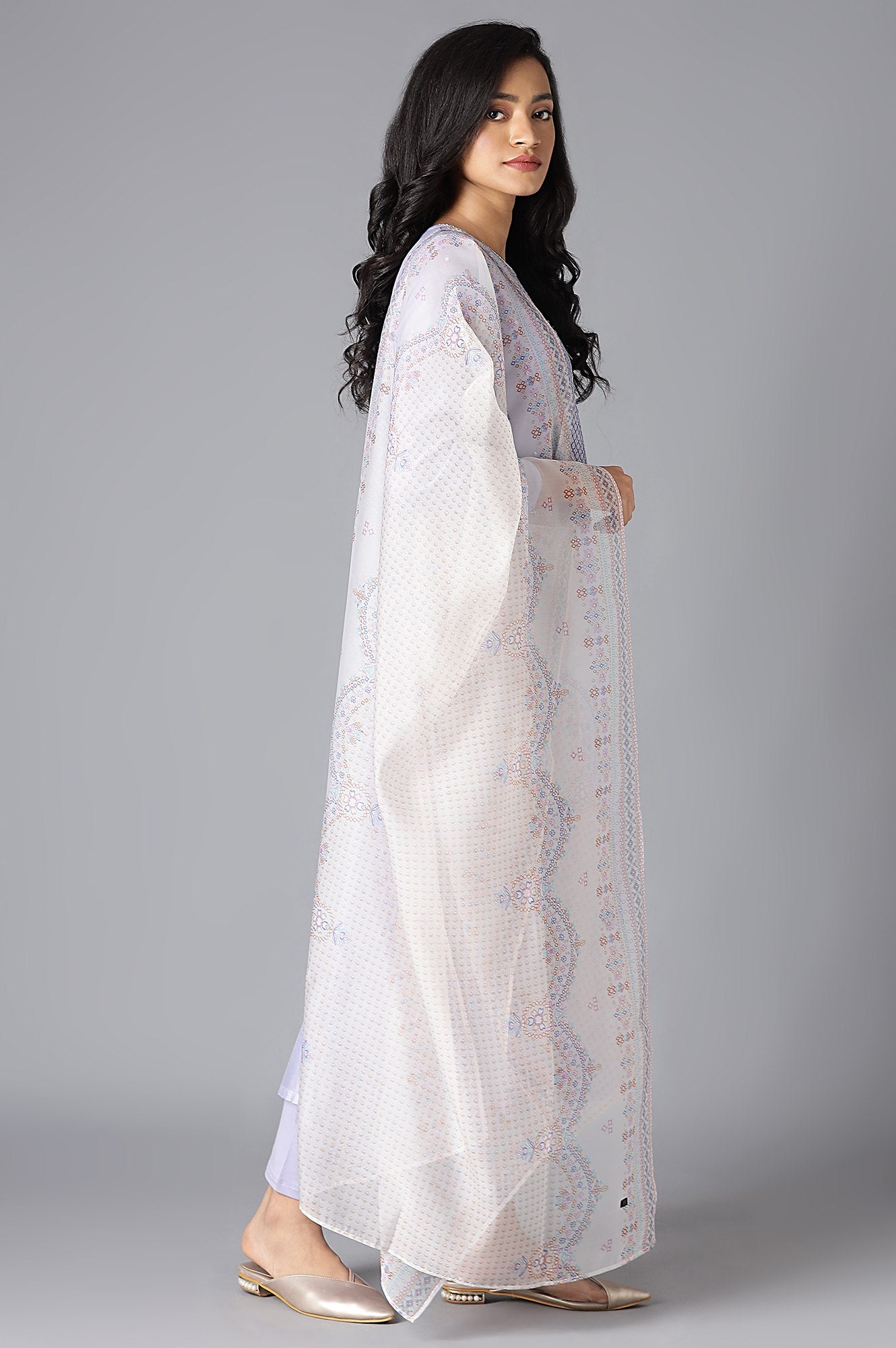 Purple A-Line kurta, Tights And Dupatta Set