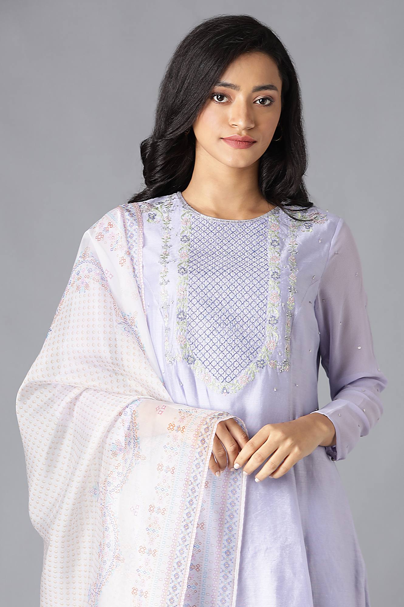 Purple A-Line kurta, Tights And Dupatta Set