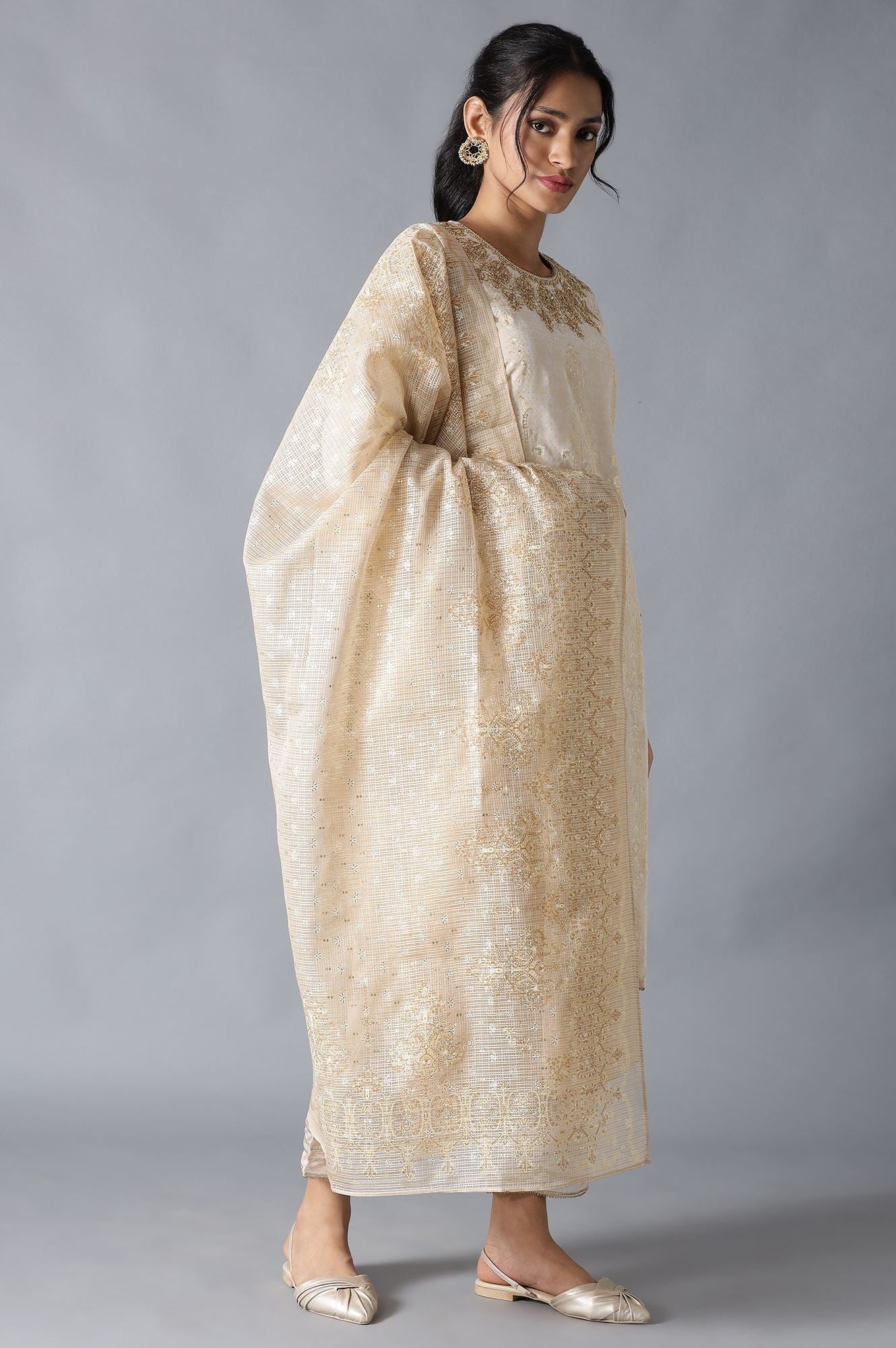 Ecru And Beige Heavy Festive kurta With Parallel Pants And Dupatta