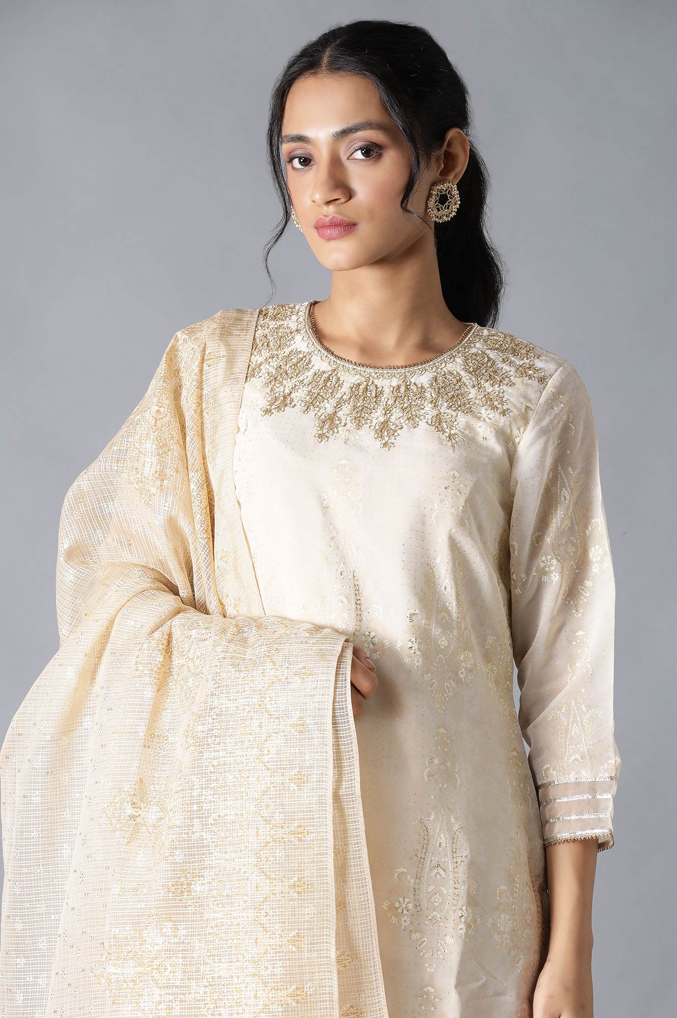 Ecru And Beige Heavy Festive kurta With Parallel Pants And Dupatta