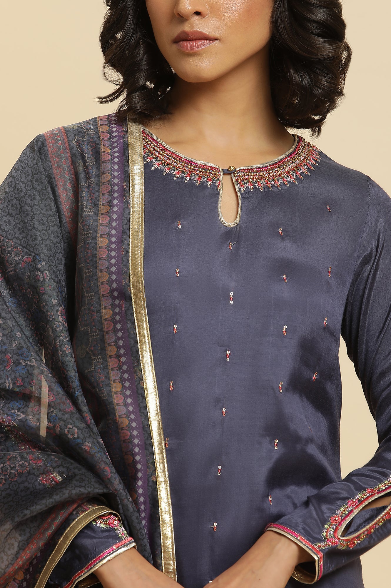 Blue Embroidered Kurta, Straight Pants & Dupatta Set