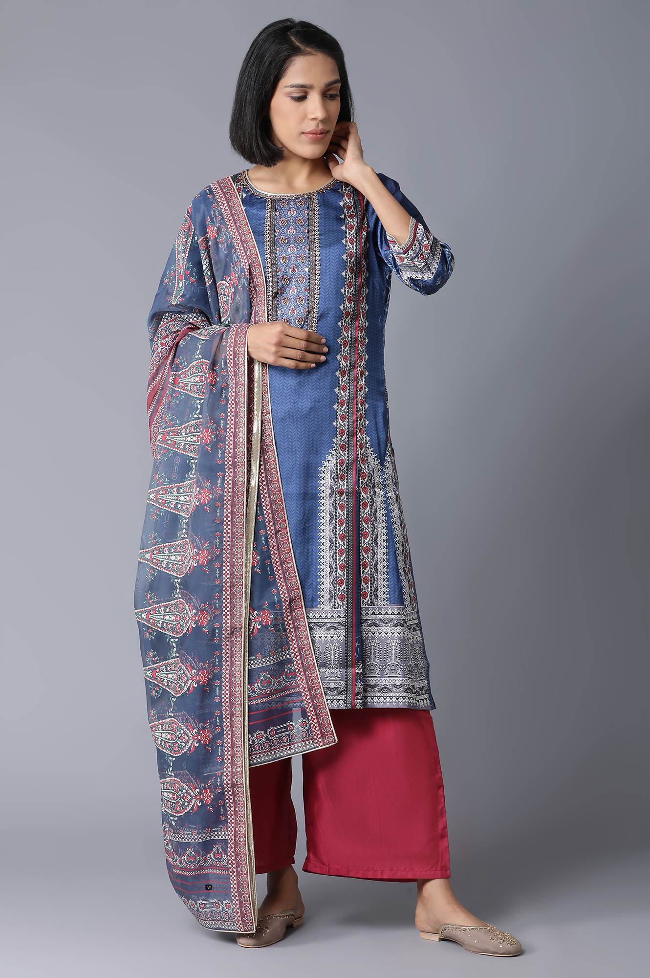 Blue Printed kurta, Parallel Pants and Dupatta Set