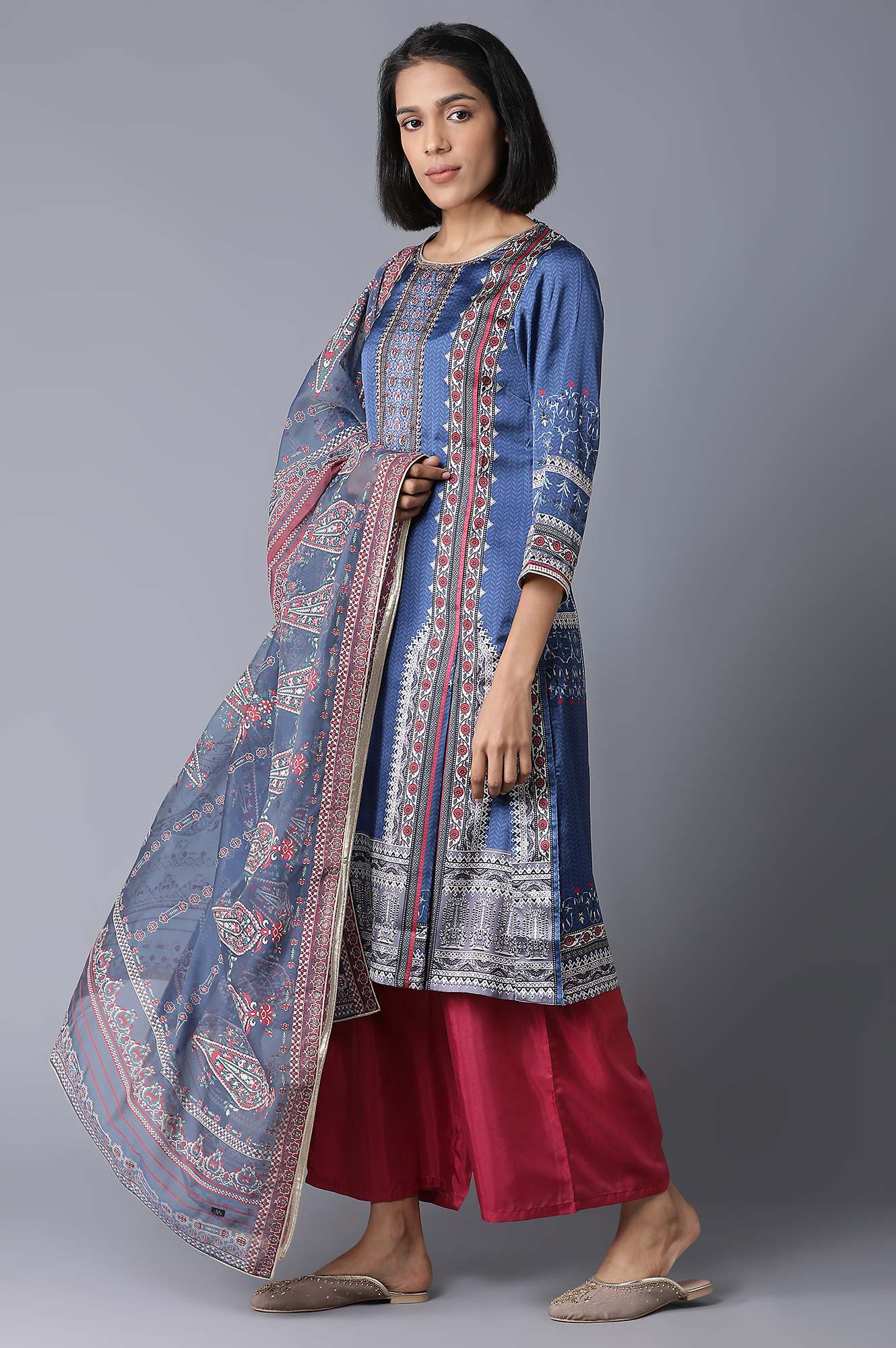 Blue Printed kurta, Parallel Pants and Dupatta Set