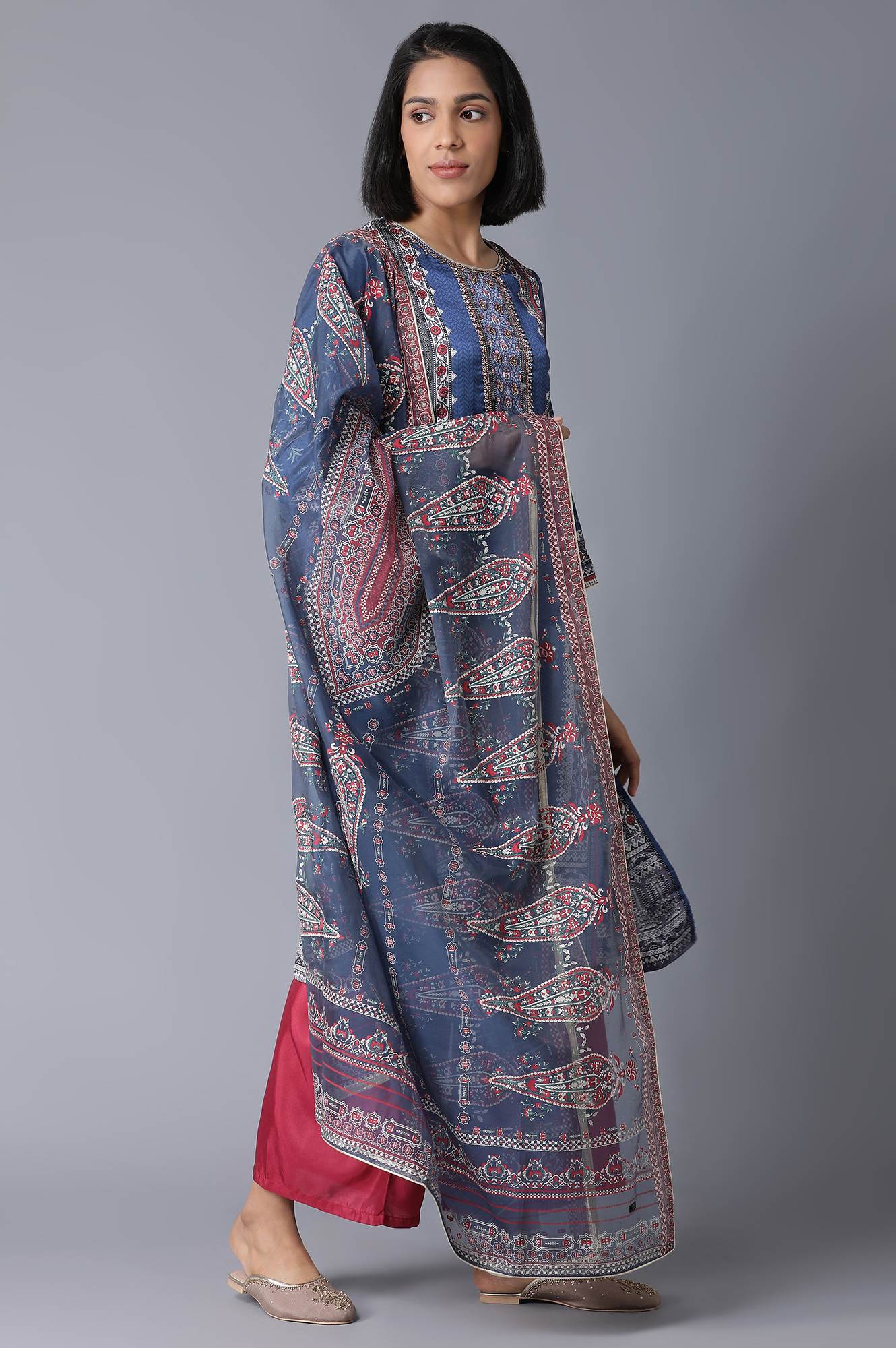 Blue Printed kurta, Parallel Pants and Dupatta Set