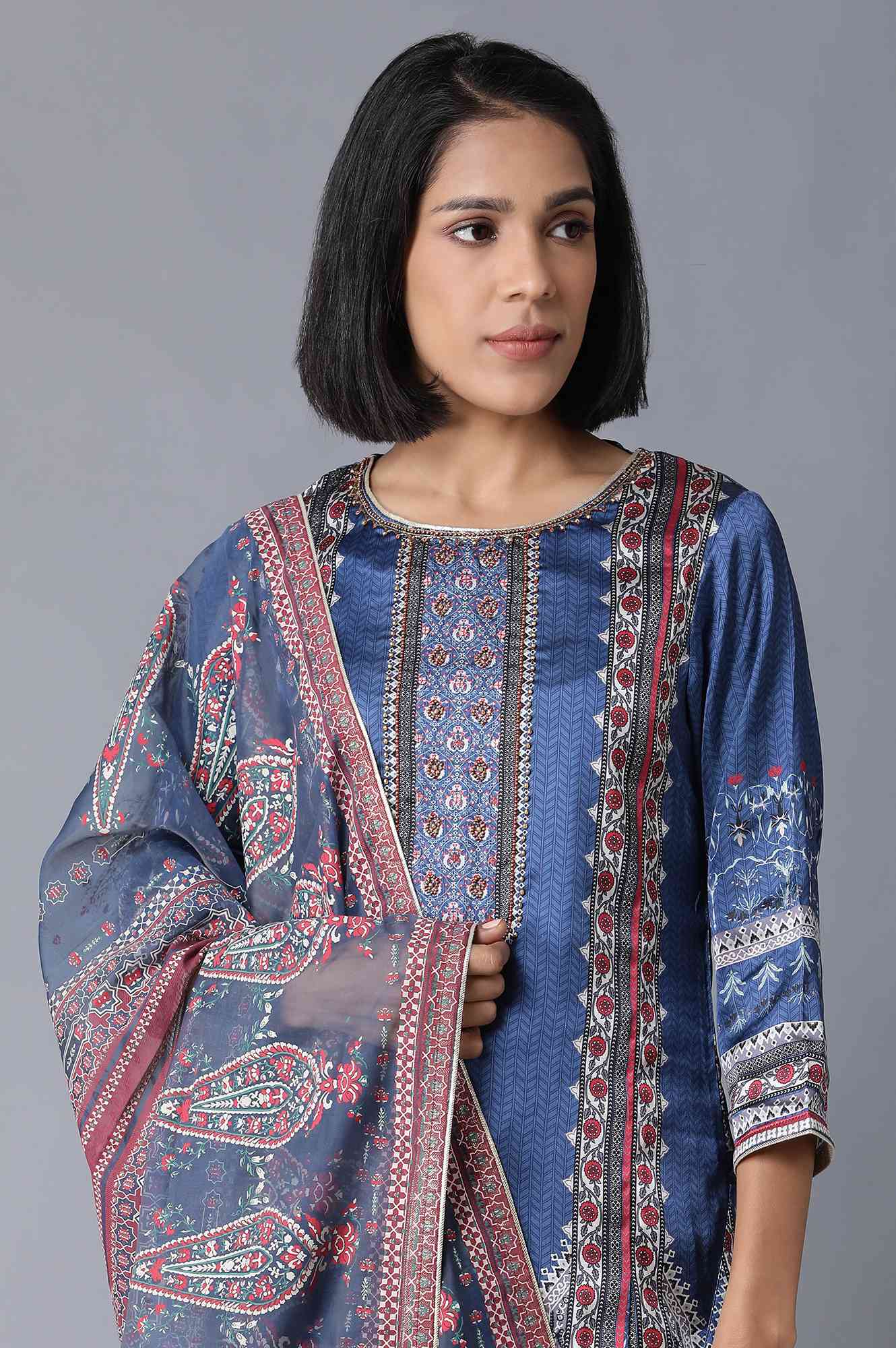 Blue Printed kurta, Parallel Pants and Dupatta Set