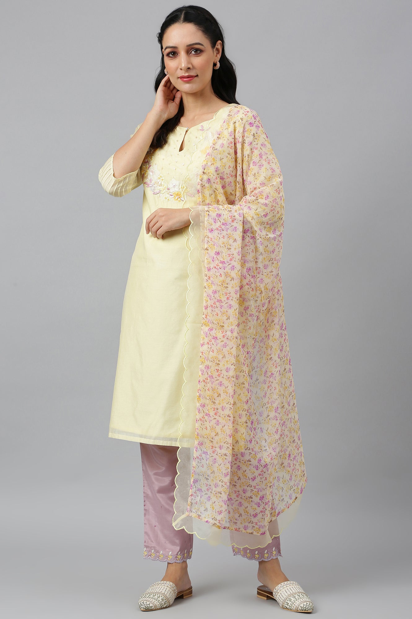 Lemon Yellow Embroidered Chanderi kurta With Slim Pants And Dupatta