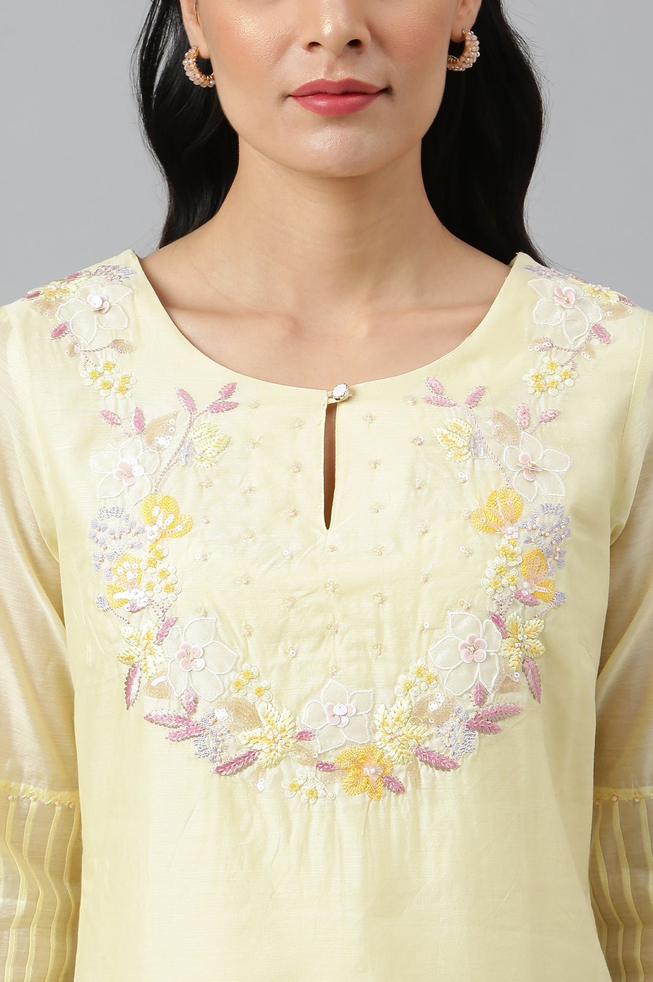 Lemon Yellow Embroidered Chanderi kurta With Slim Pants And Dupatta