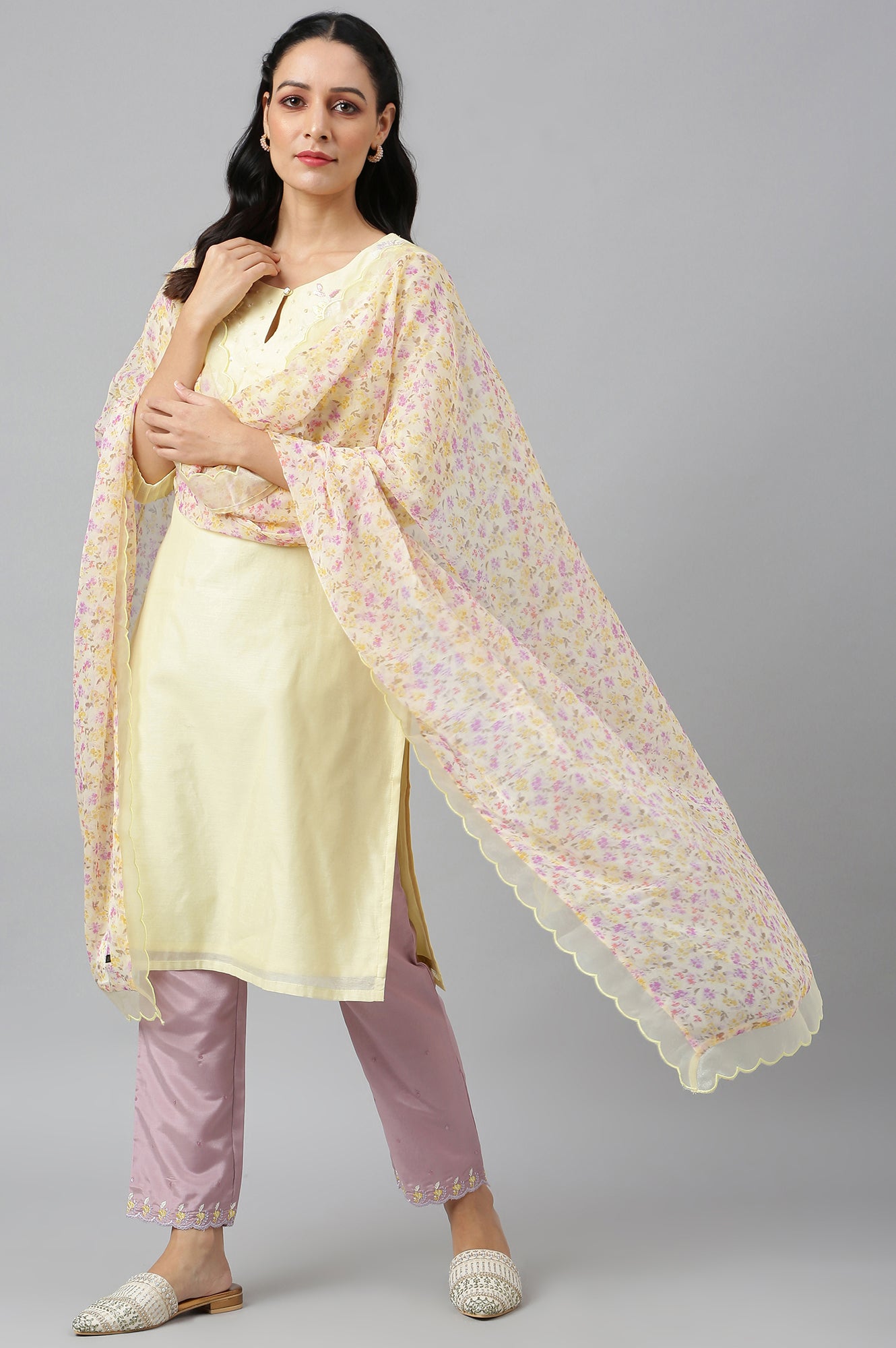 Lemon Yellow Embroidered Chanderi kurta With Slim Pants And Dupatta