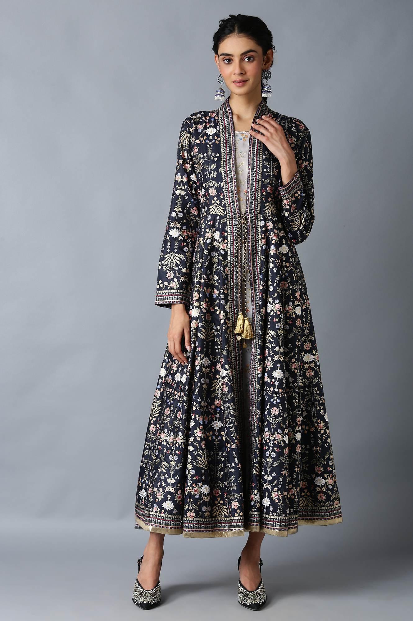 Dark Blue And Grey Mock Layered Floral Printed Dress - wforwoman