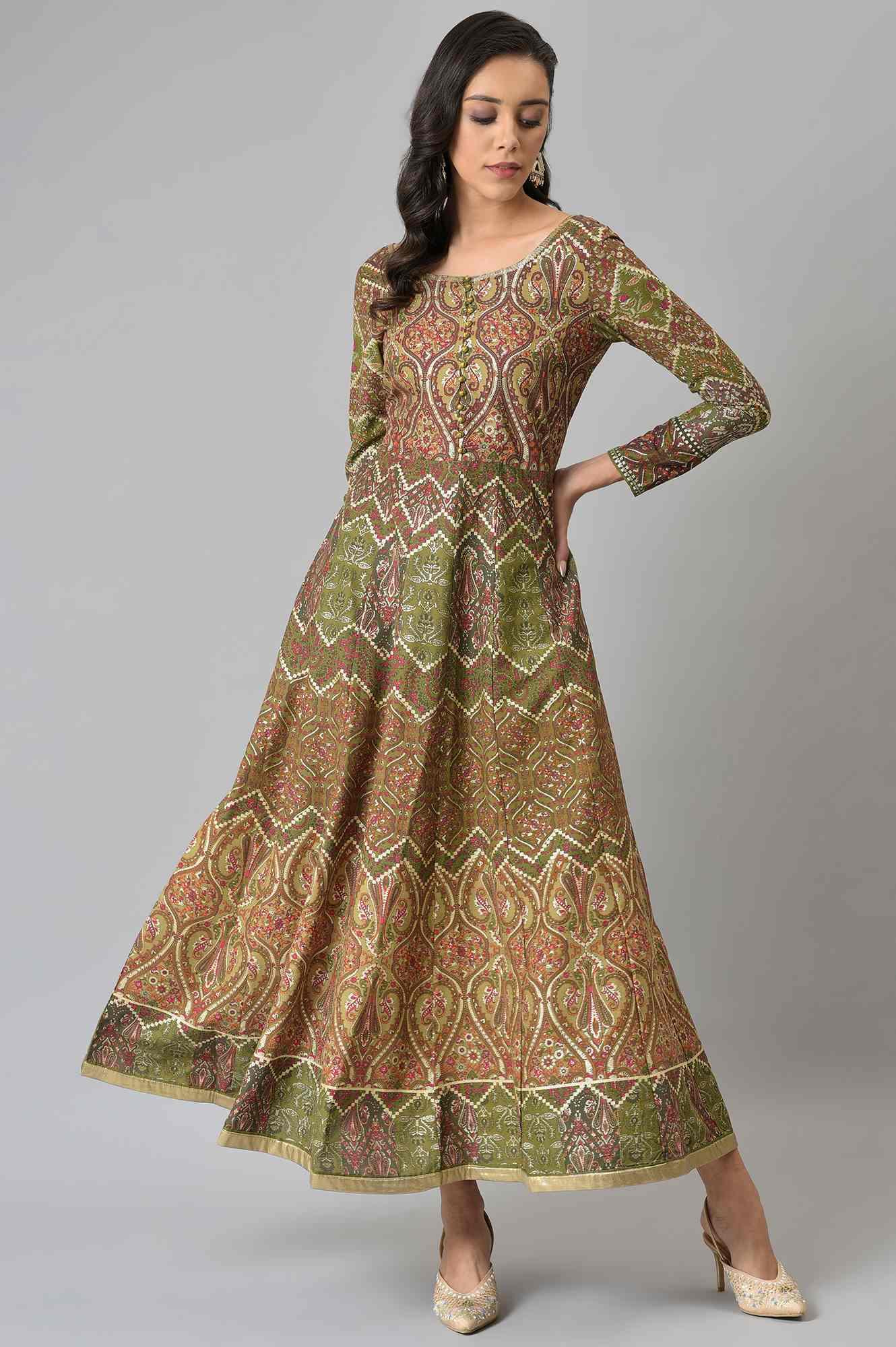 Olive Green Glitter Print Dress - wforwoman