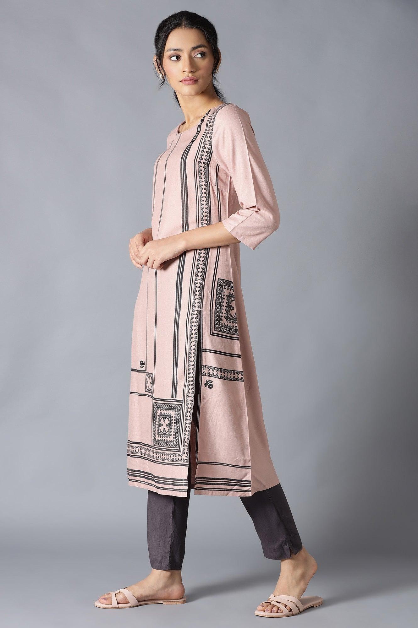 Salmon Pink Placement Print kurta - wforwoman