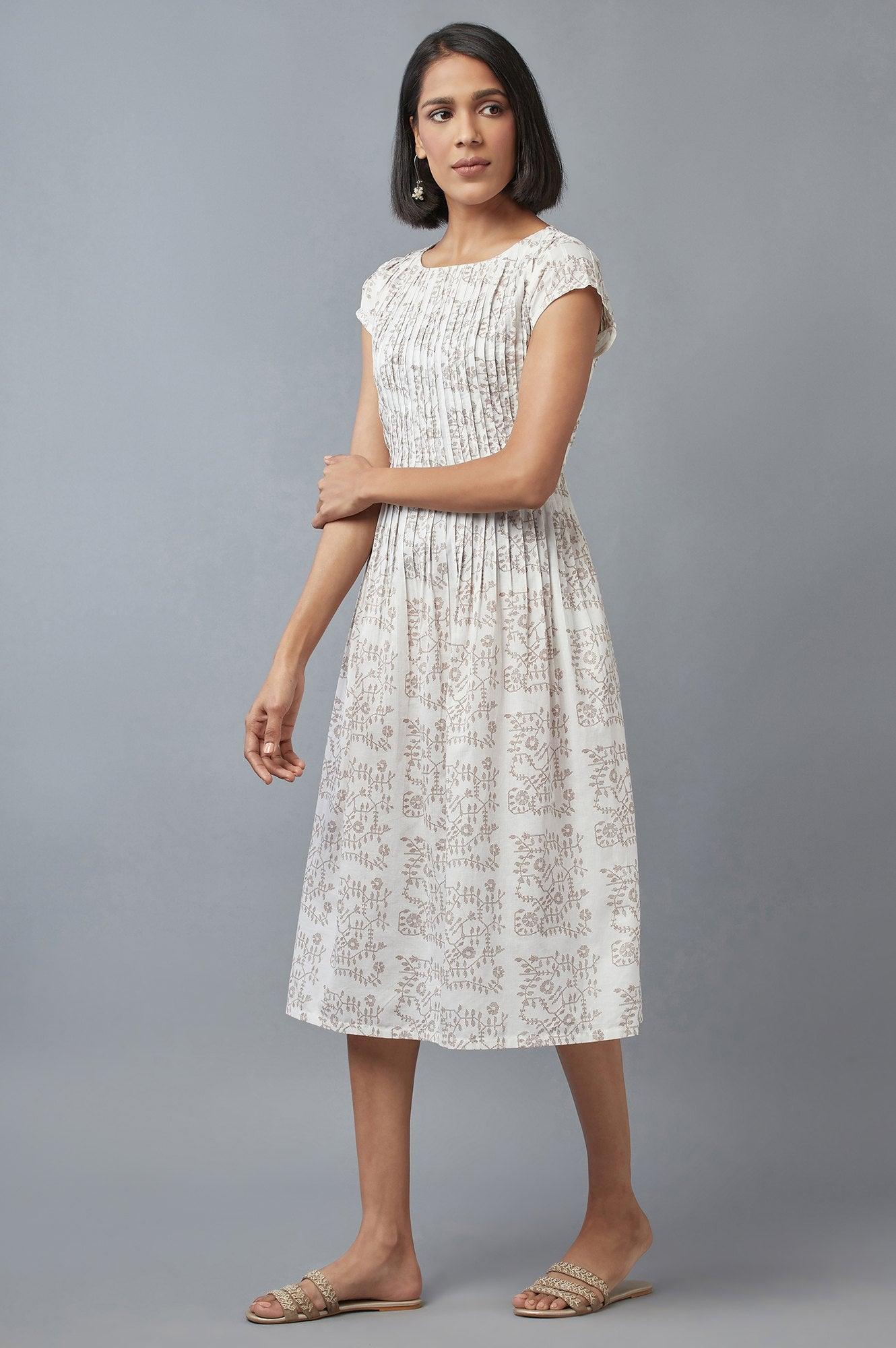 Ecru Flora Print Pleated kurta in Boat Neck - wforwoman