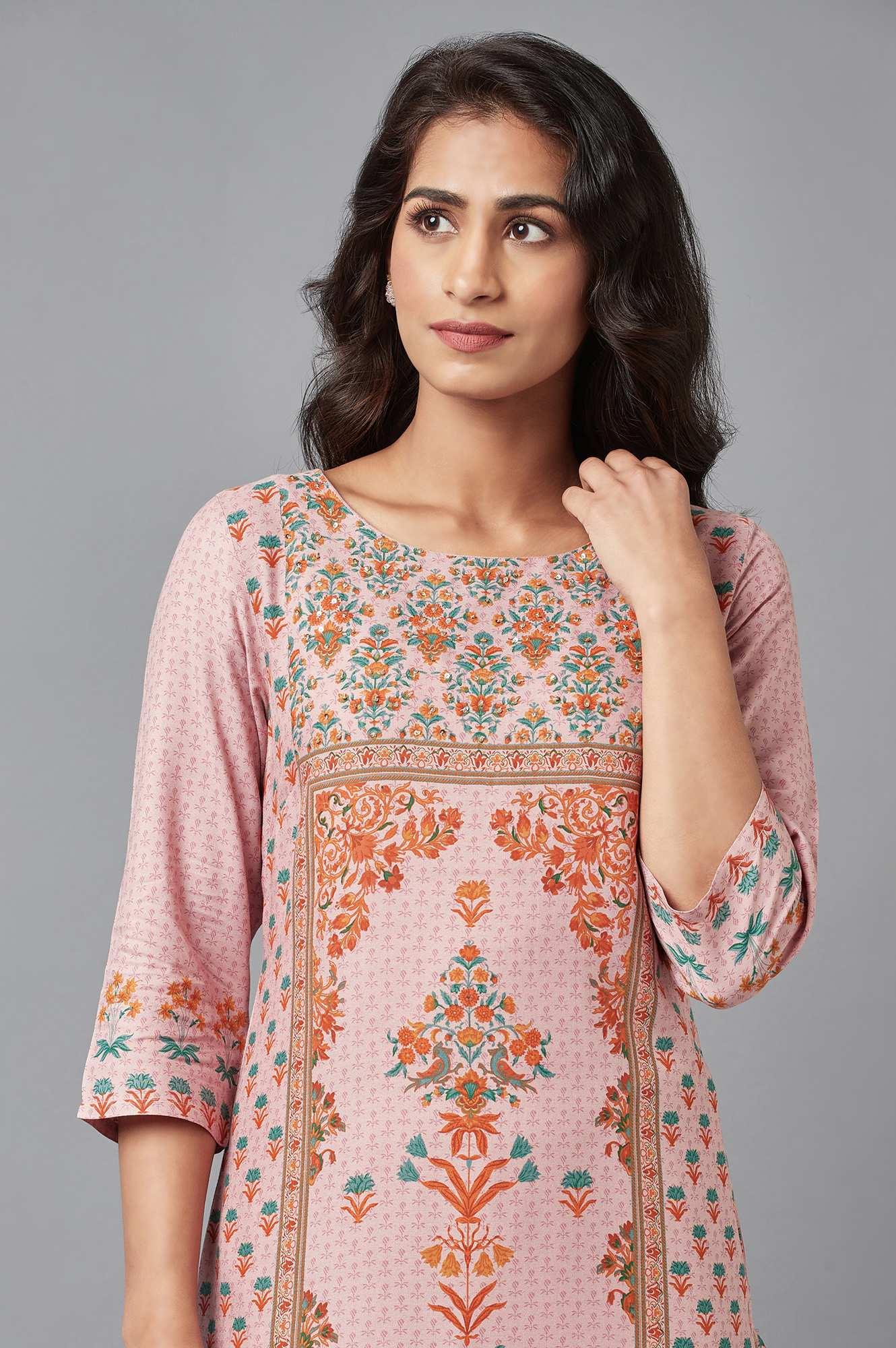 Light Pink Floral kurta with Sequin Work - wforwoman