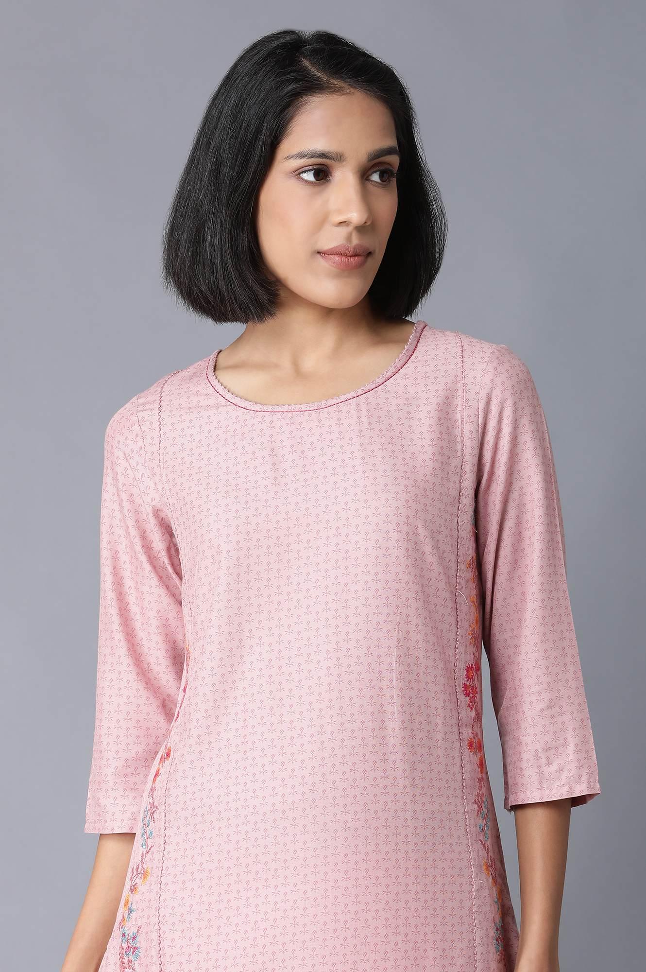 Light Pink Floral Print kurta With Thread Embroidery - wforwoman