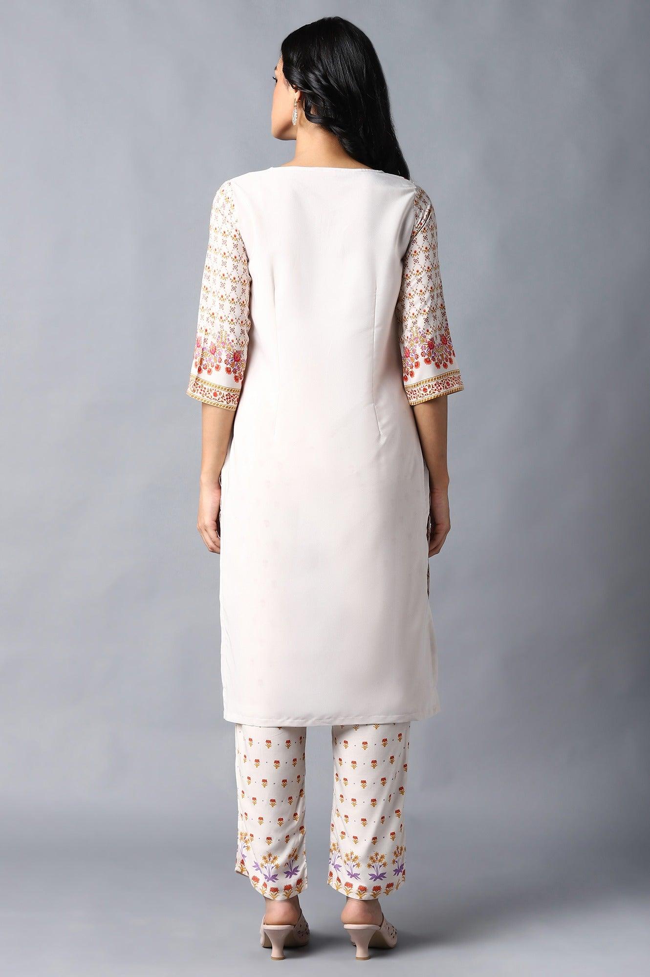 Ecru Round Neck kurta With Multicoloured Floral Print - wforwoman