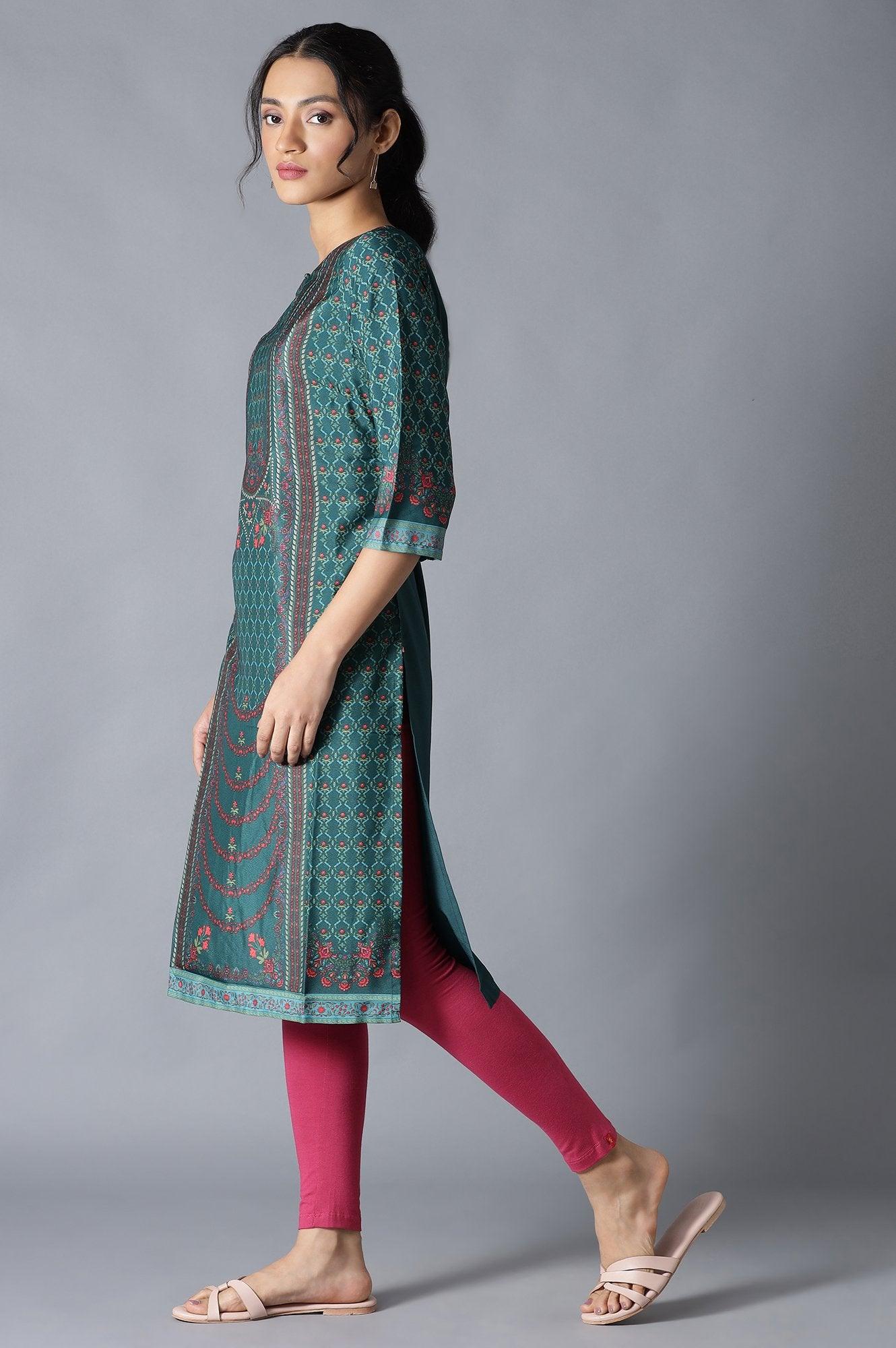 Dark Green Round Neck kurta With Multicoloured Floral Print - wforwoman