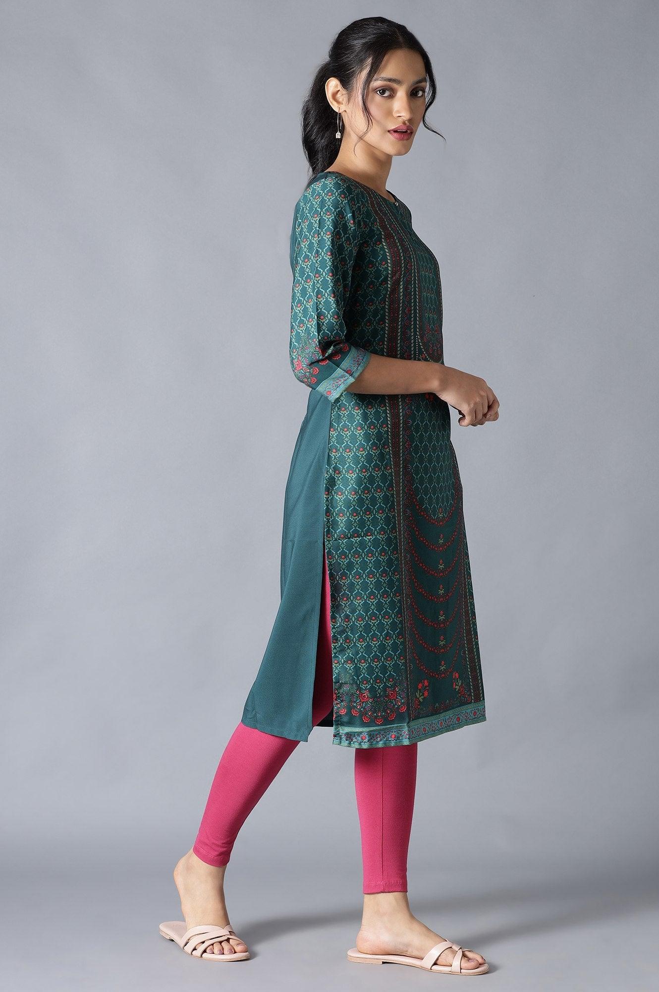 Dark Green Round Neck kurta With Multicoloured Floral Print - wforwoman