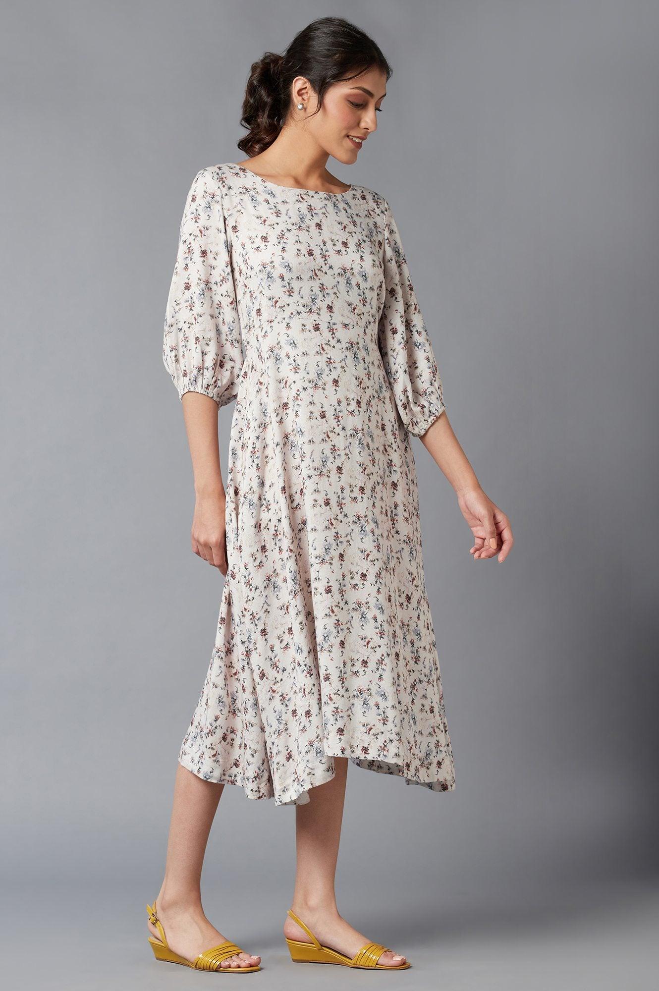 Light Pink Floral Print Dress In Round Neck - wforwoman