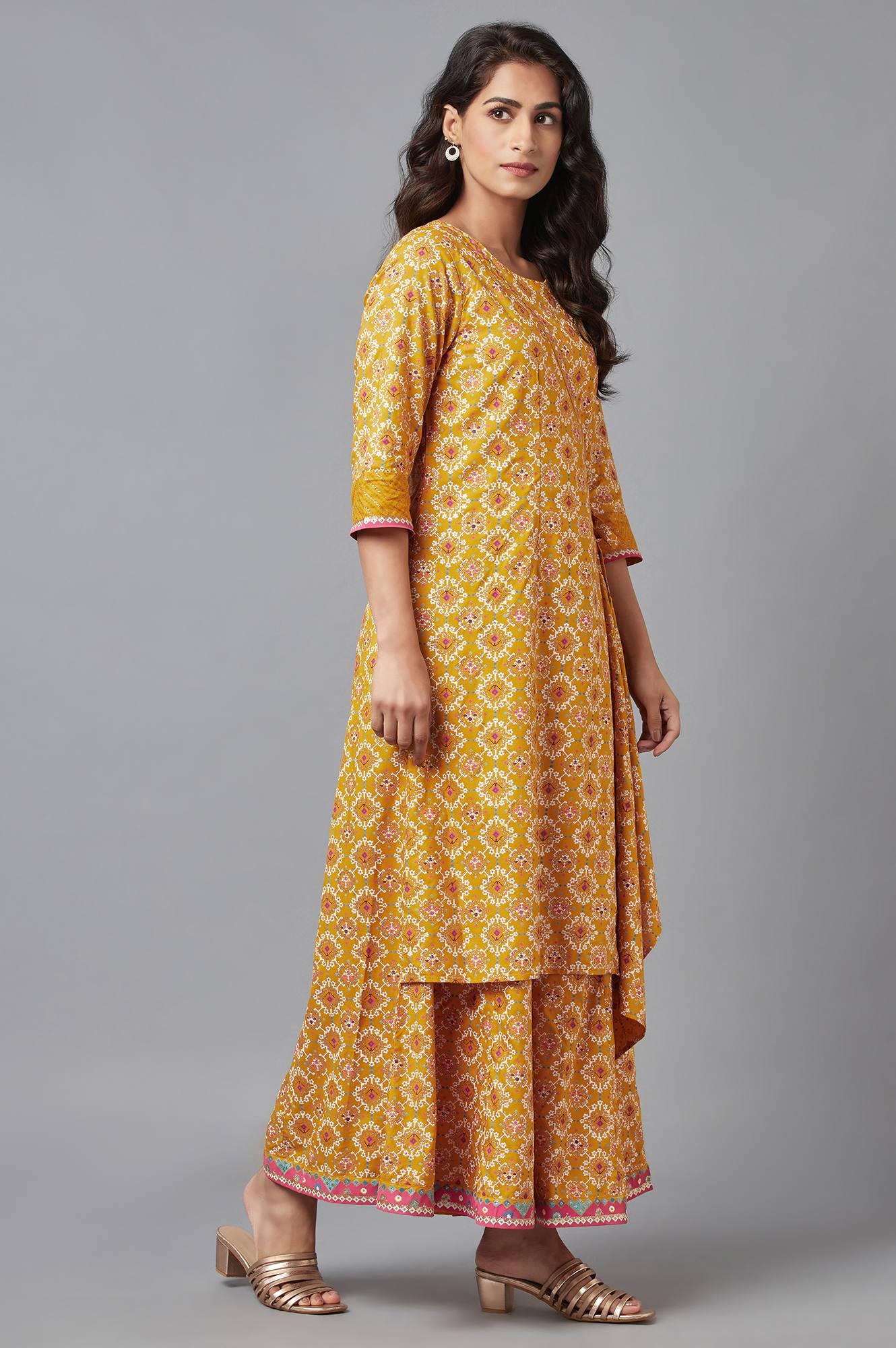 Mustard Yellow Angrakha Jumpsuit in Round Neck - wforwoman