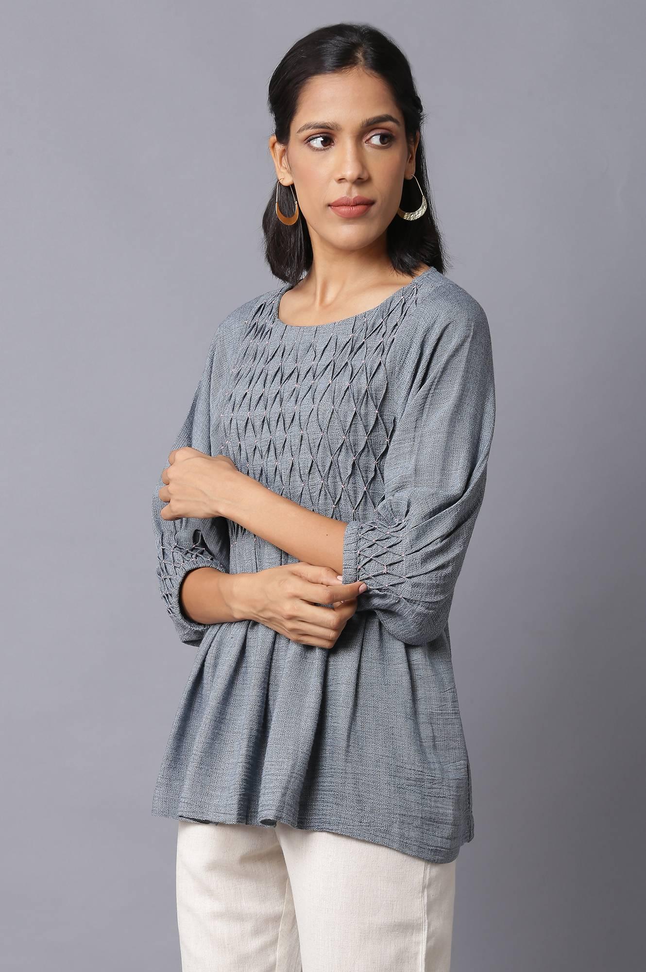Dark Blue Gathered Top With Smocked Detail - wforwoman