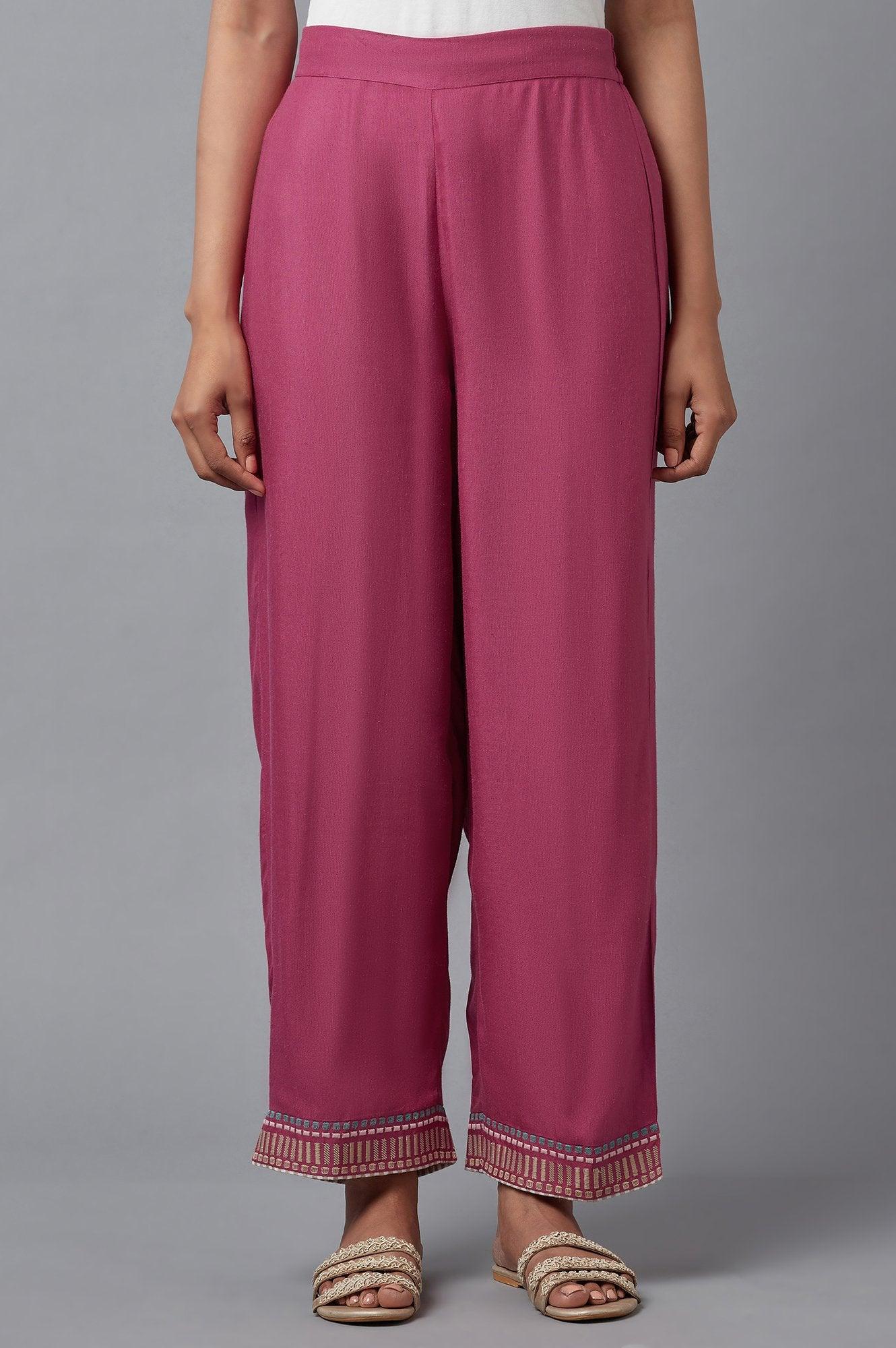 Pink Solid Slim Pants With Embroidery - wforwoman