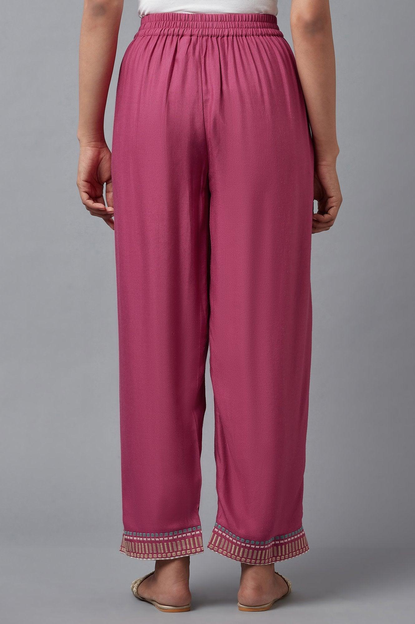Pink Solid Slim Pants With Embroidery - wforwoman