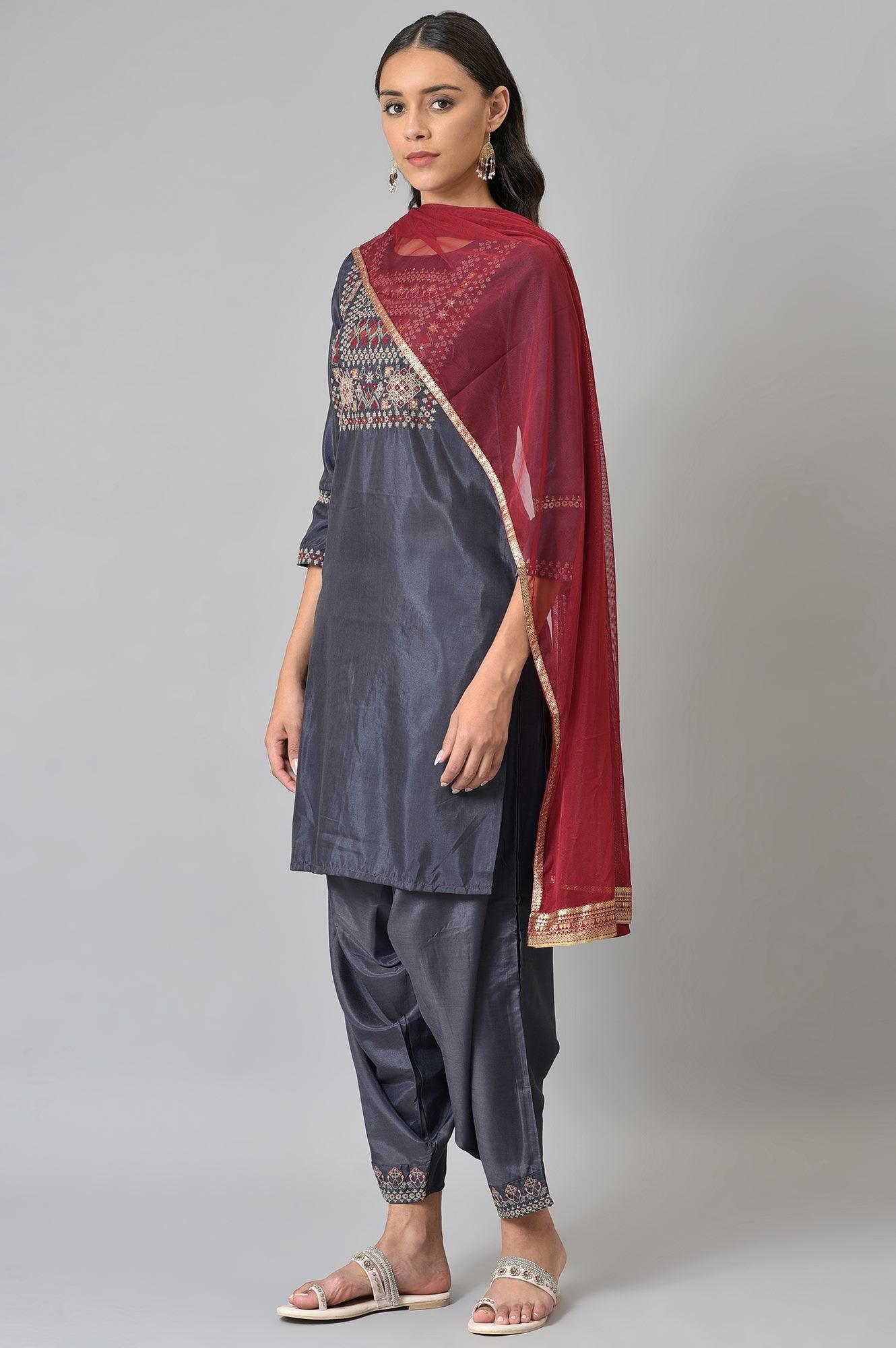 Grey Embroidered kurta, Draped Pants And Dupatta Set - wforwoman