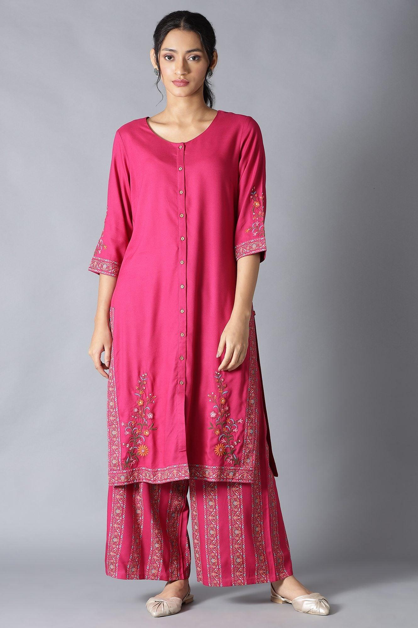 Fuchsia Pink Embroidered kurta And Parallel Pants Set - wforwoman