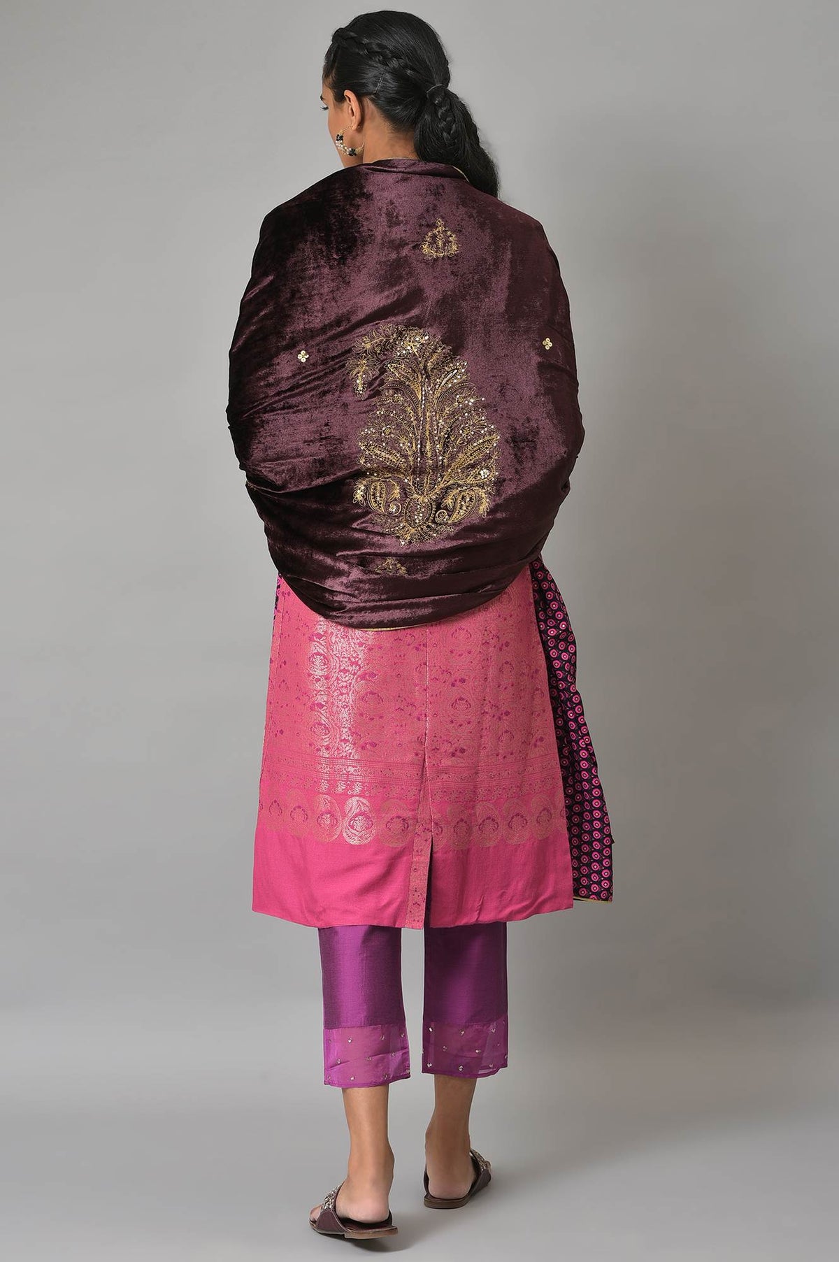 Wine Velvet Embroidered Doshala Shawl