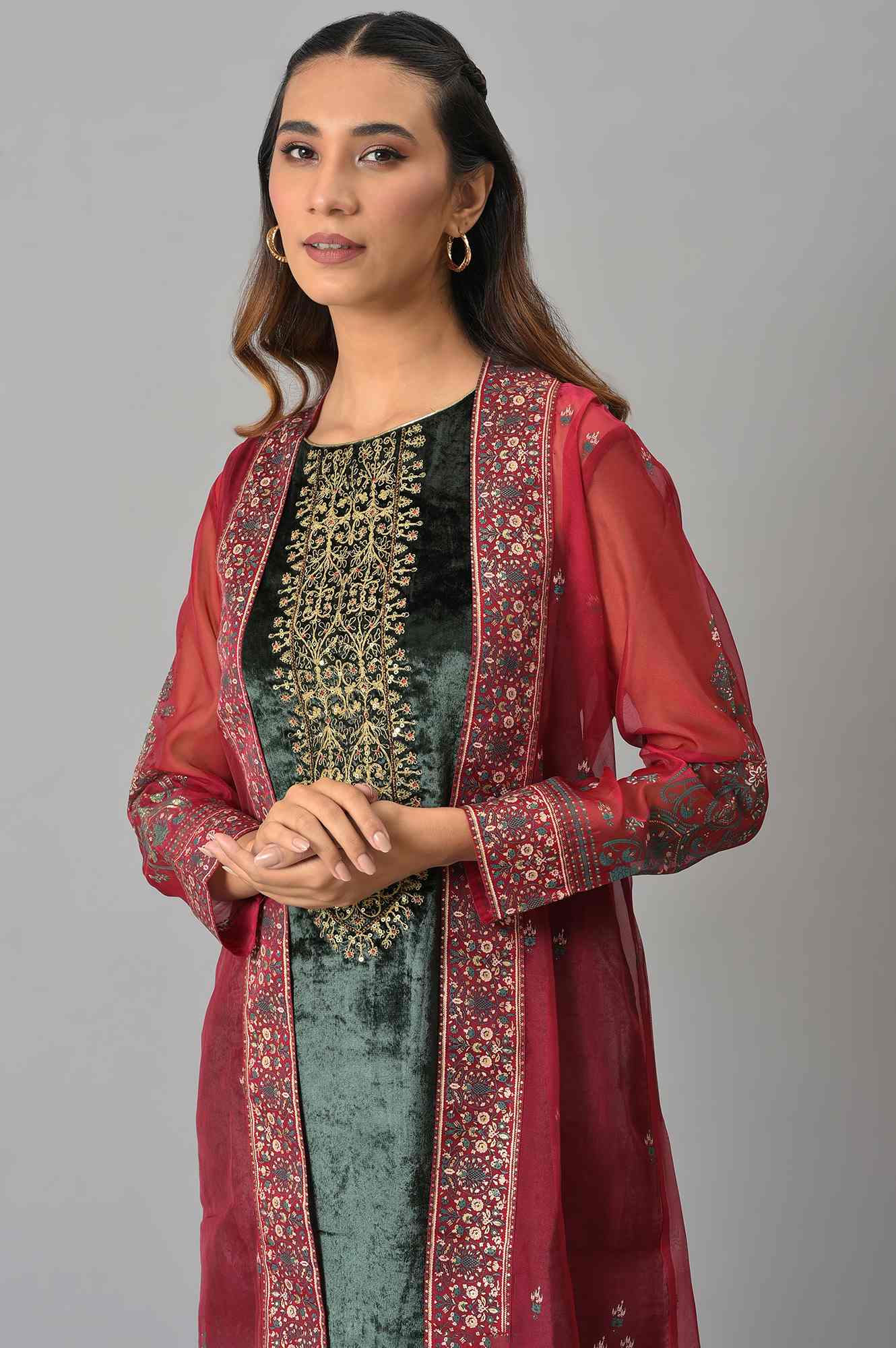 Red Organza Jacket With Green Mettalic Embroidered kurta And Pants