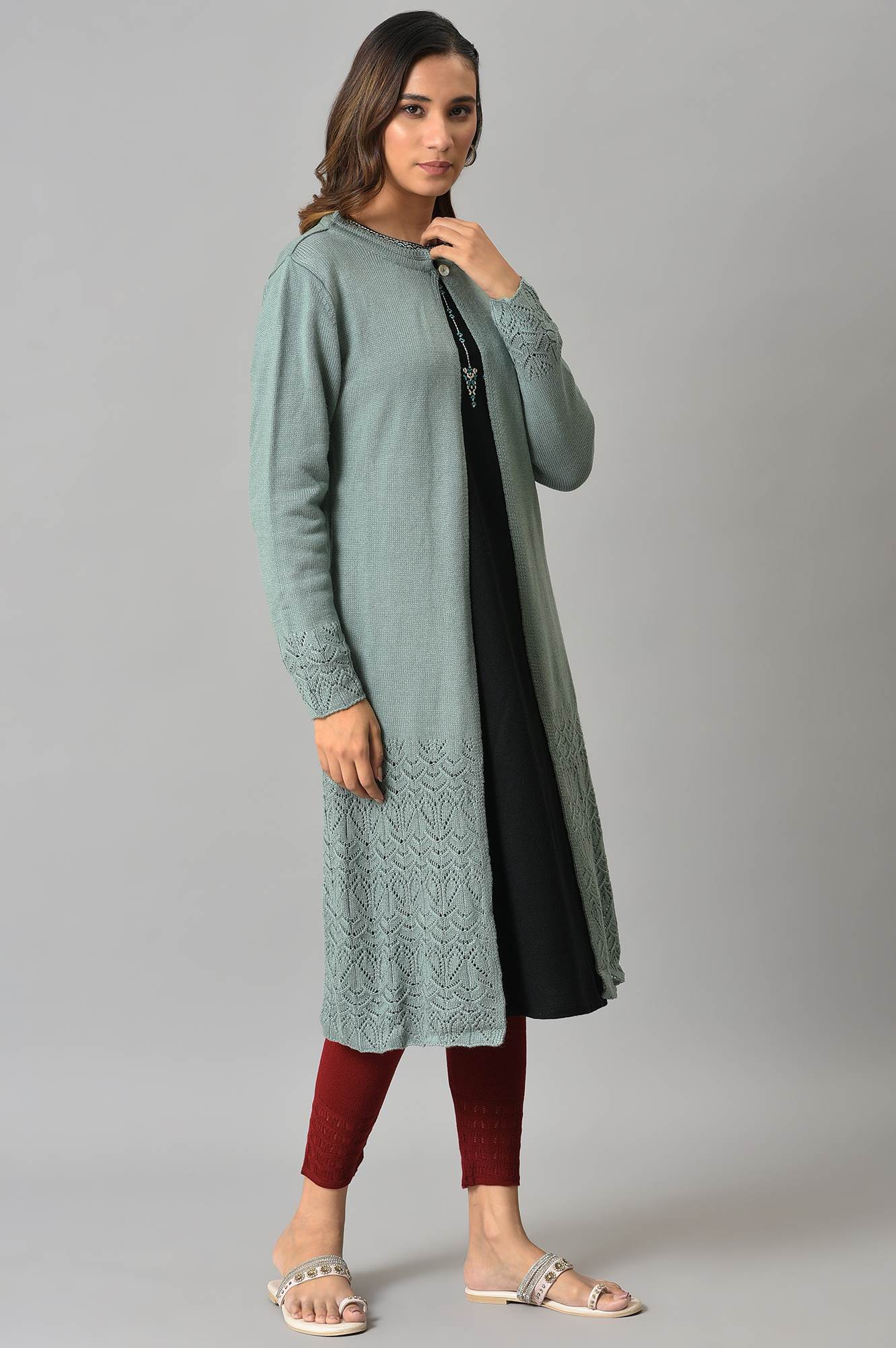 Blue Front Open Self Knitted Women Cardigan